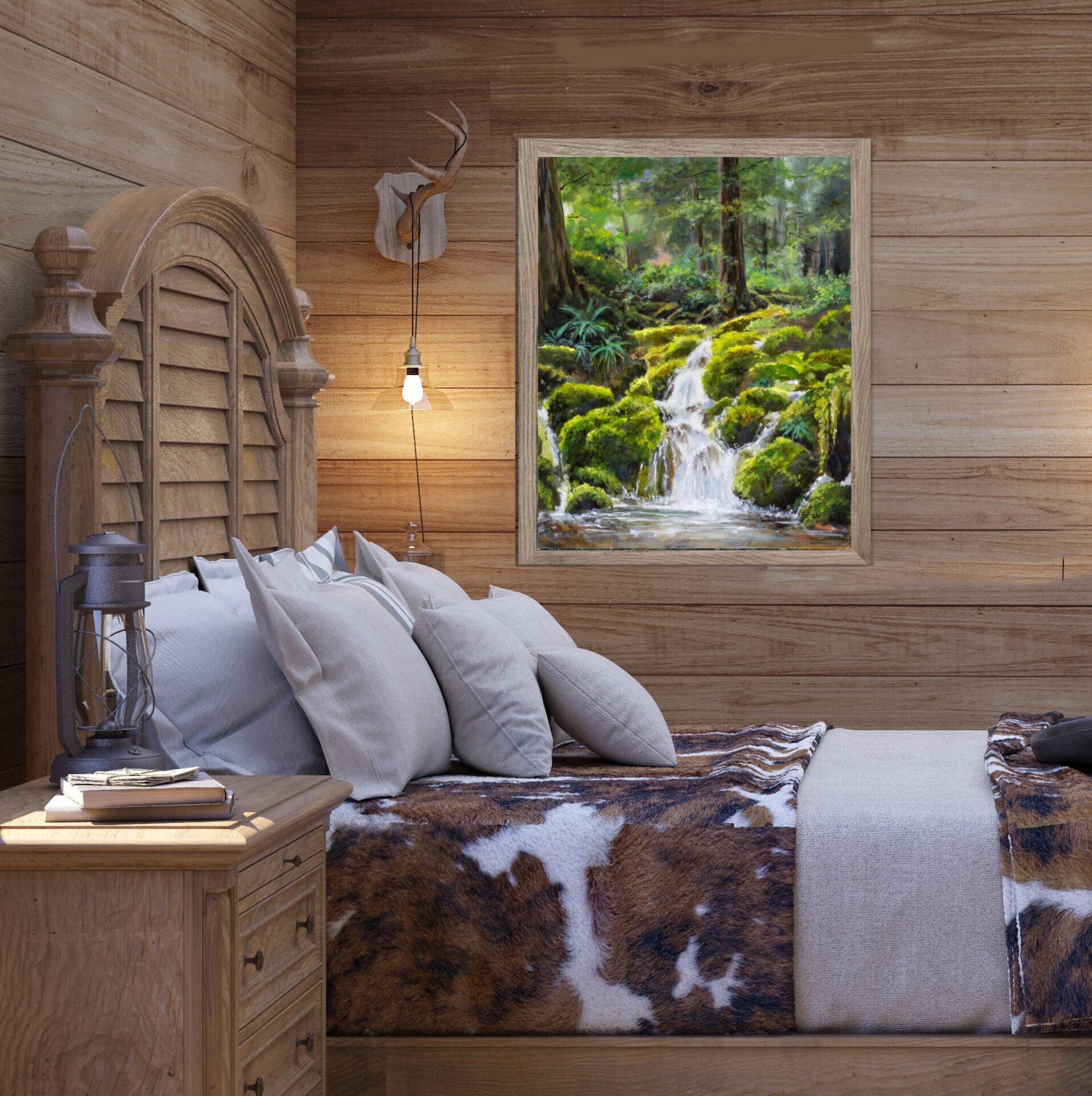 Pintura realista de río forestal con cascada y piedras cubiertas de musgo verde - 6