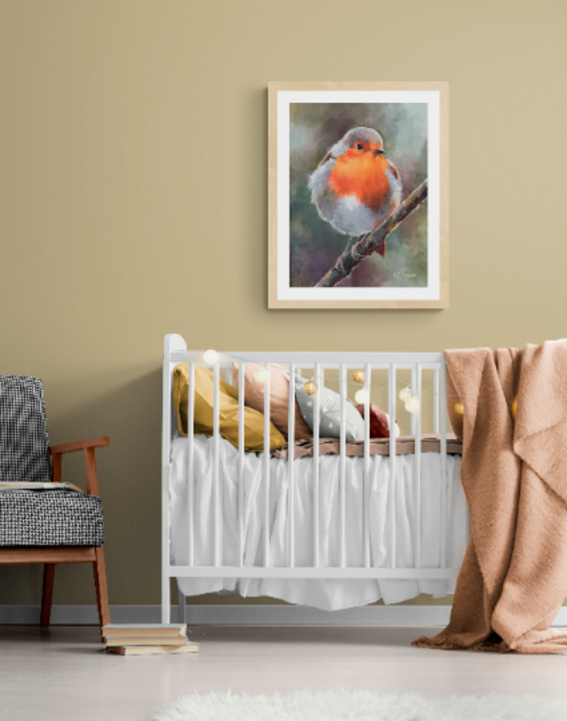 Pintura de pájaro petirrojo sobre rama libre y felíz, Arte de realismo animal - 5