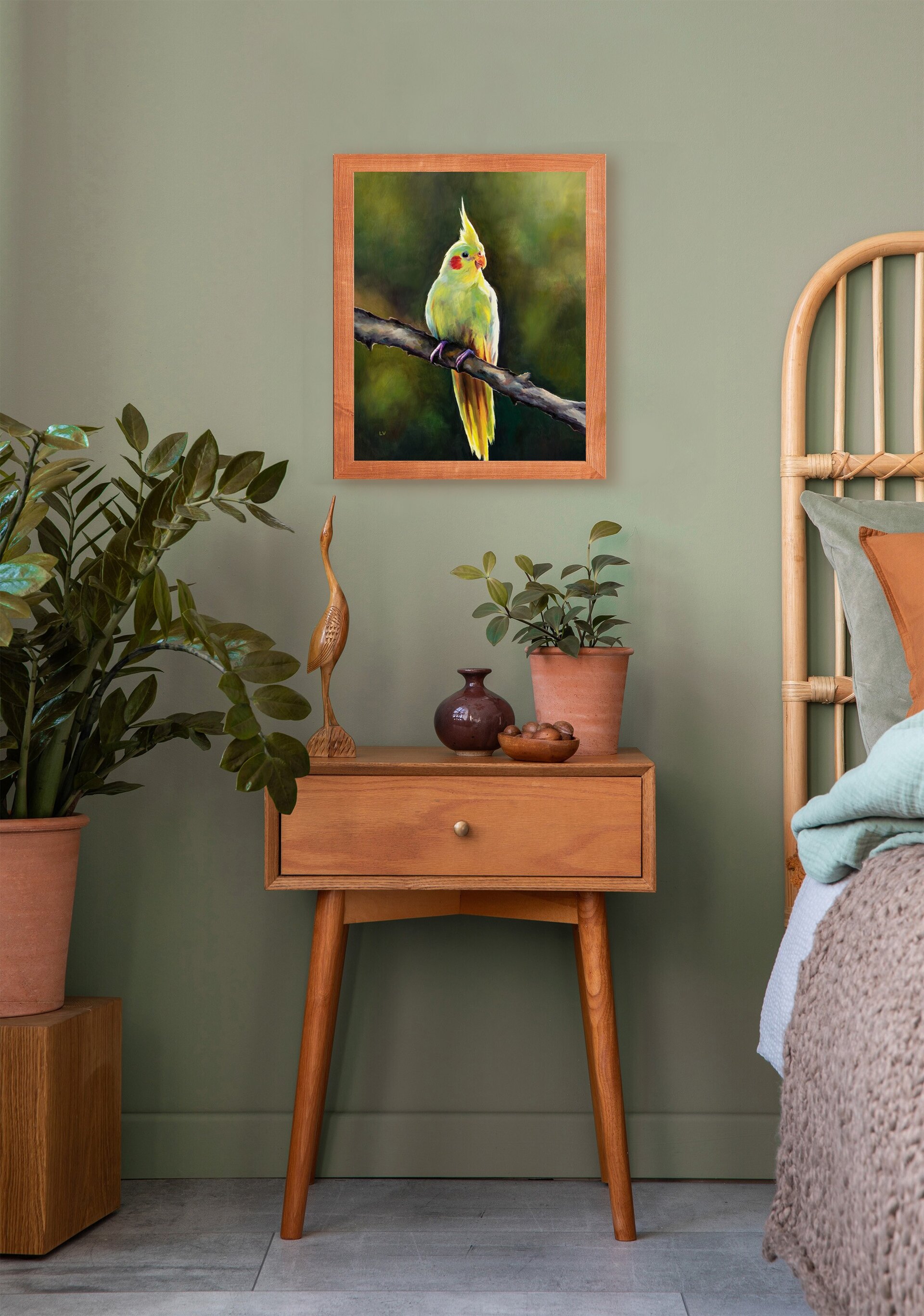 Retrato de ninfa amarilla al óleo, Pintura de pájaro tropical sobre una rama - 7