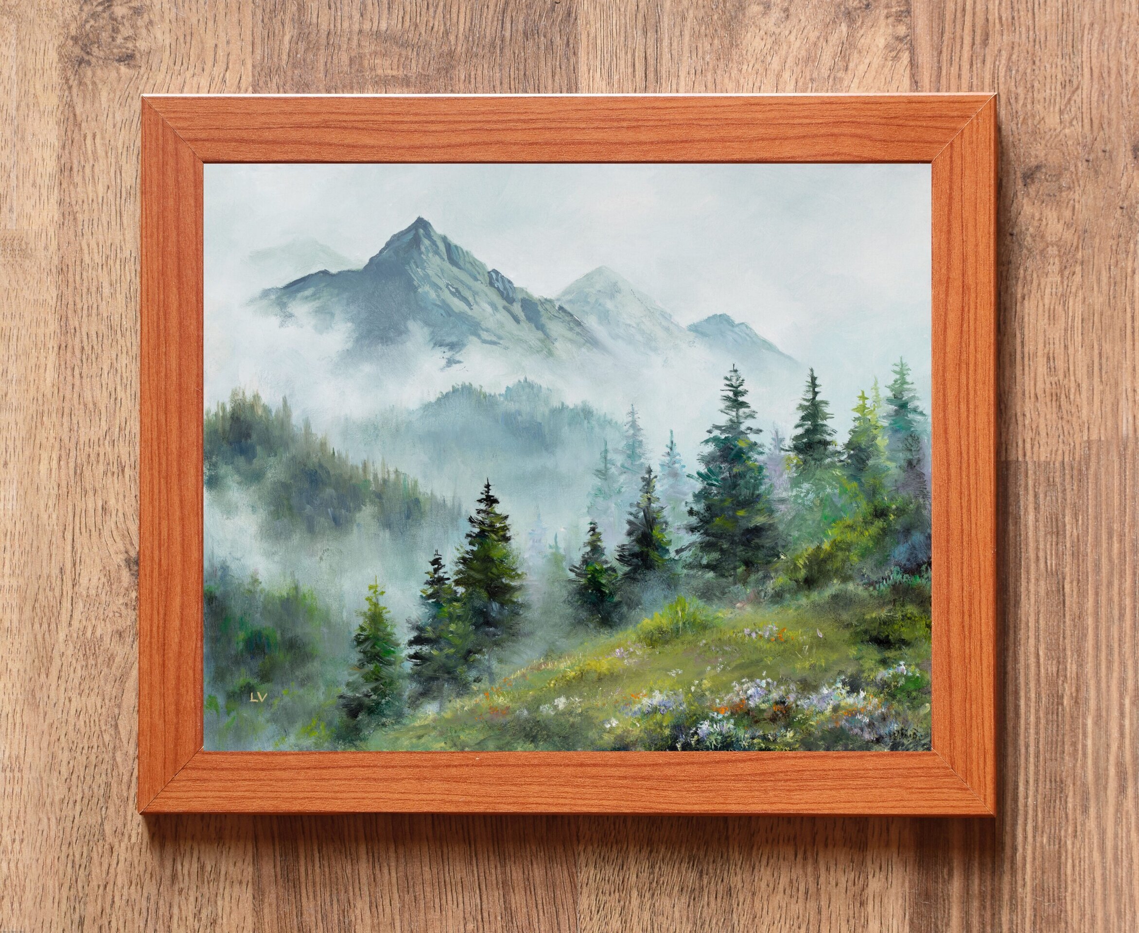 Montañas y abetos con niebla en paisaje de invierno, pintura en tonos azules - 3