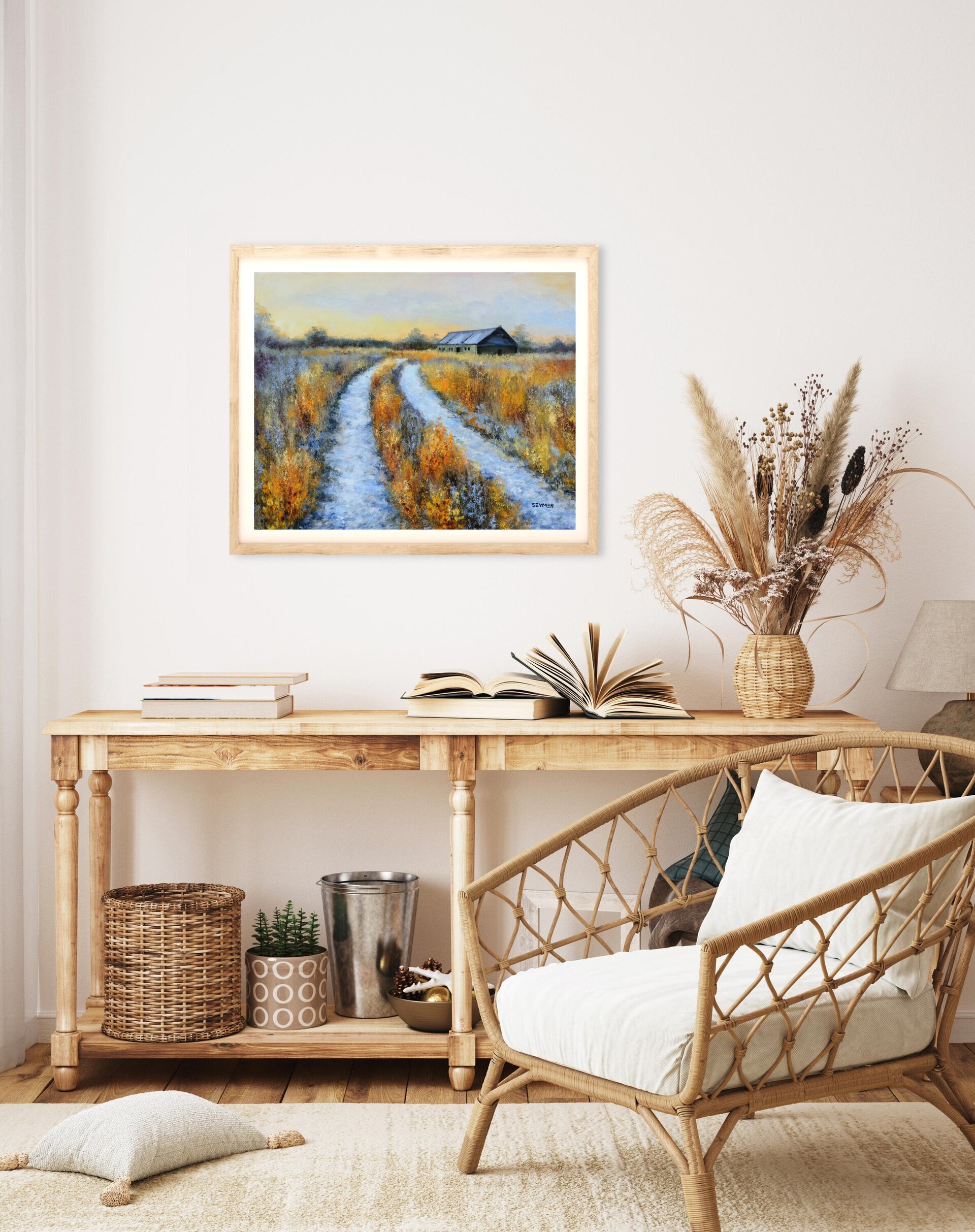 Pintura de camino rural con escarcha, nieve y granero en una pradera en invierno - 5