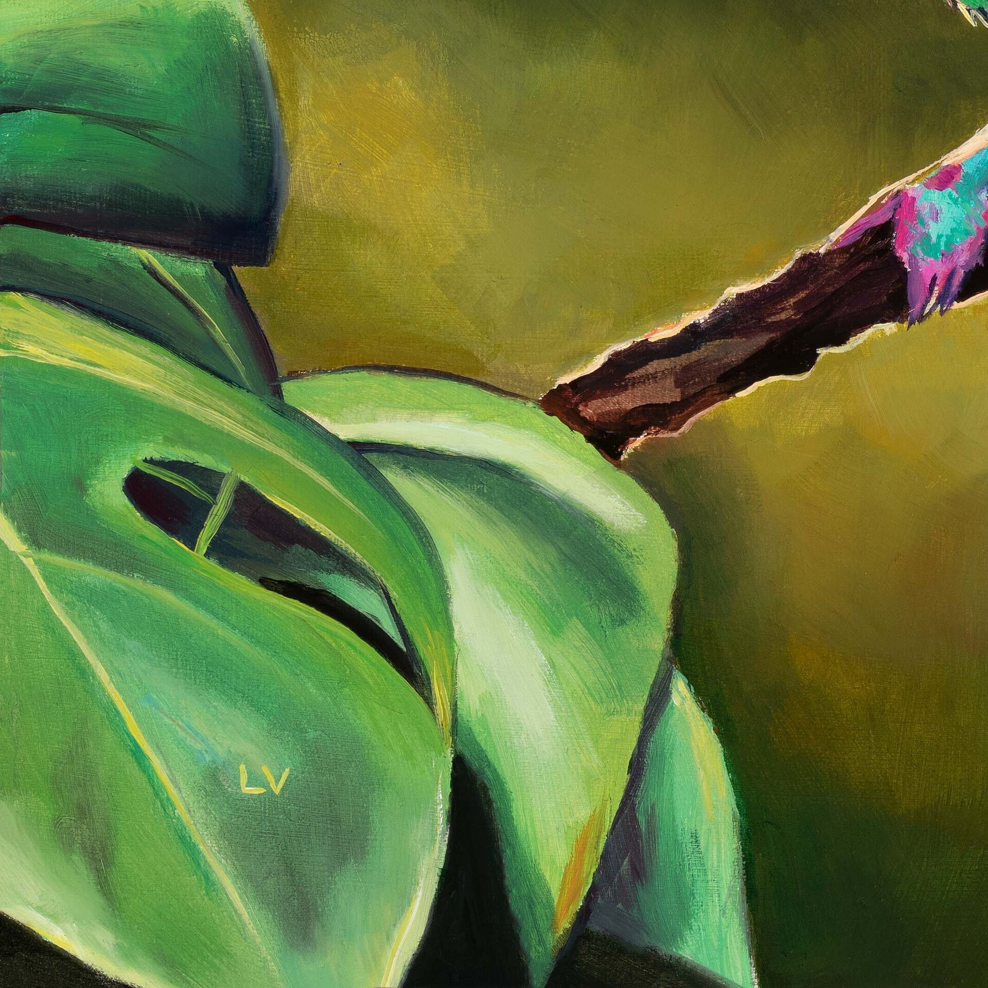 Cuadro al óleo de camaleón verde en la selva, Pintura realista animales salvajes - 13