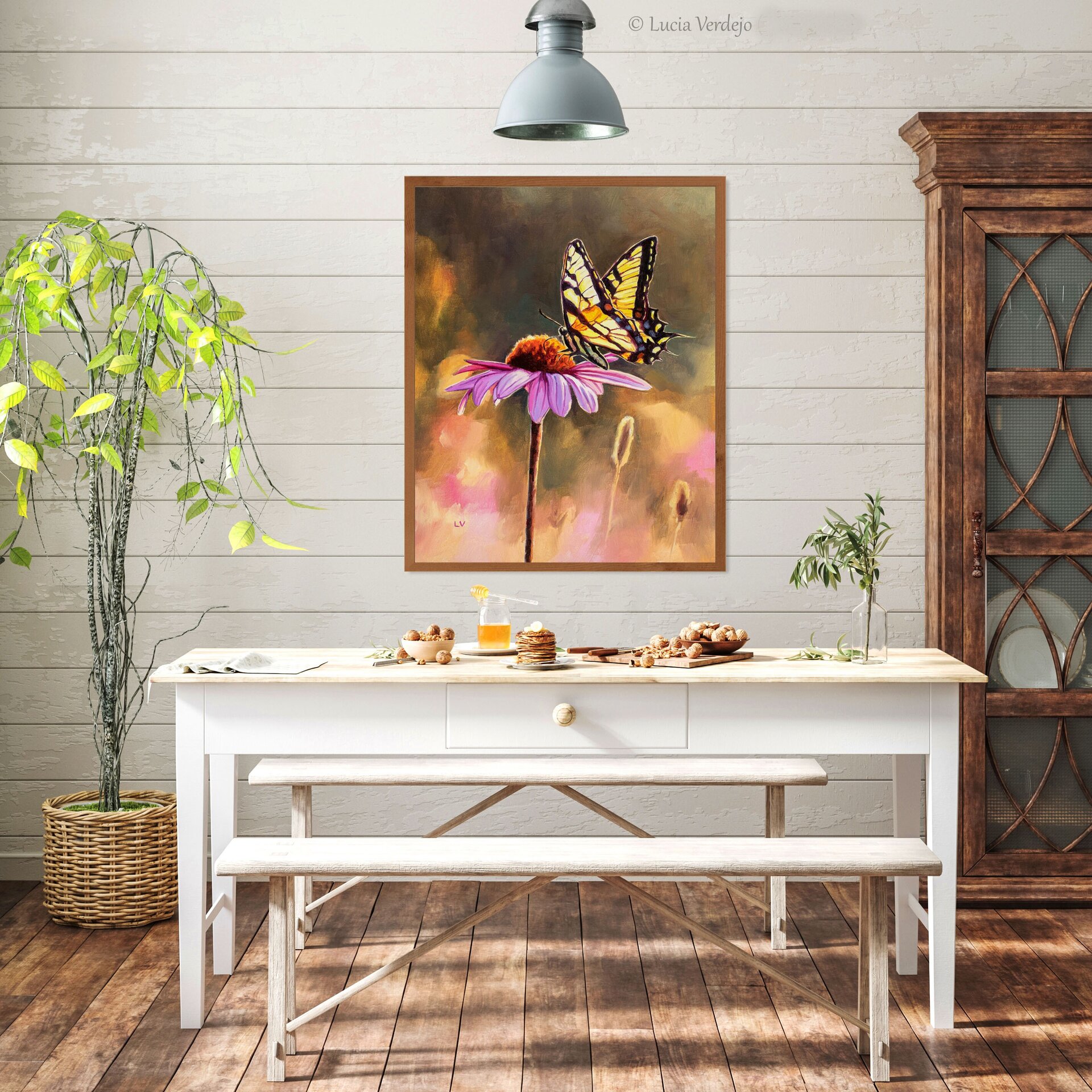 Cuadro al óleo de mariposa papilio sobre una margarita rosa, Ilustración insecto - 12