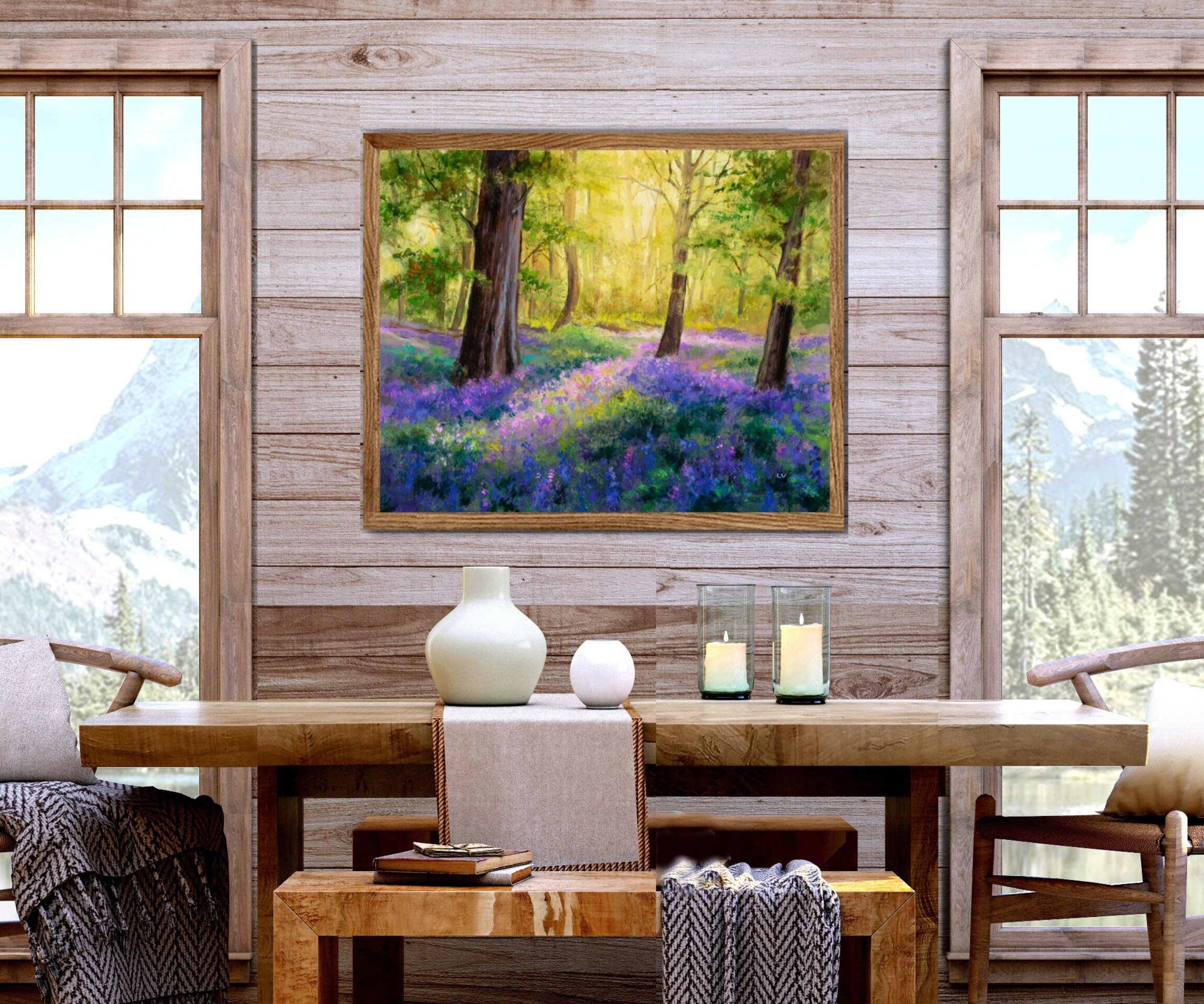 Pintura de campanillas azules en un bosque de hayas con luz entre los árboles - 9