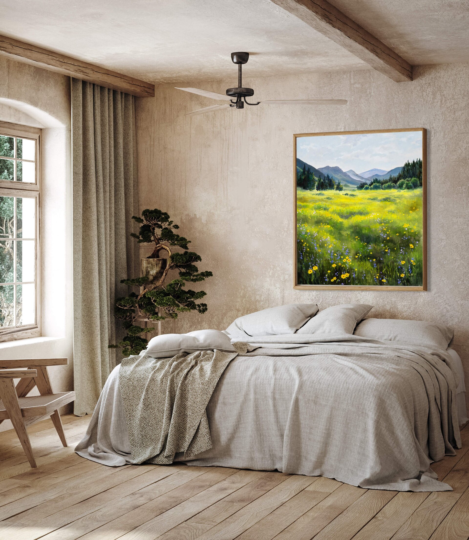 Pintura de paisaje de campo verde con flores amarillas y montañas en la lejanía - 9