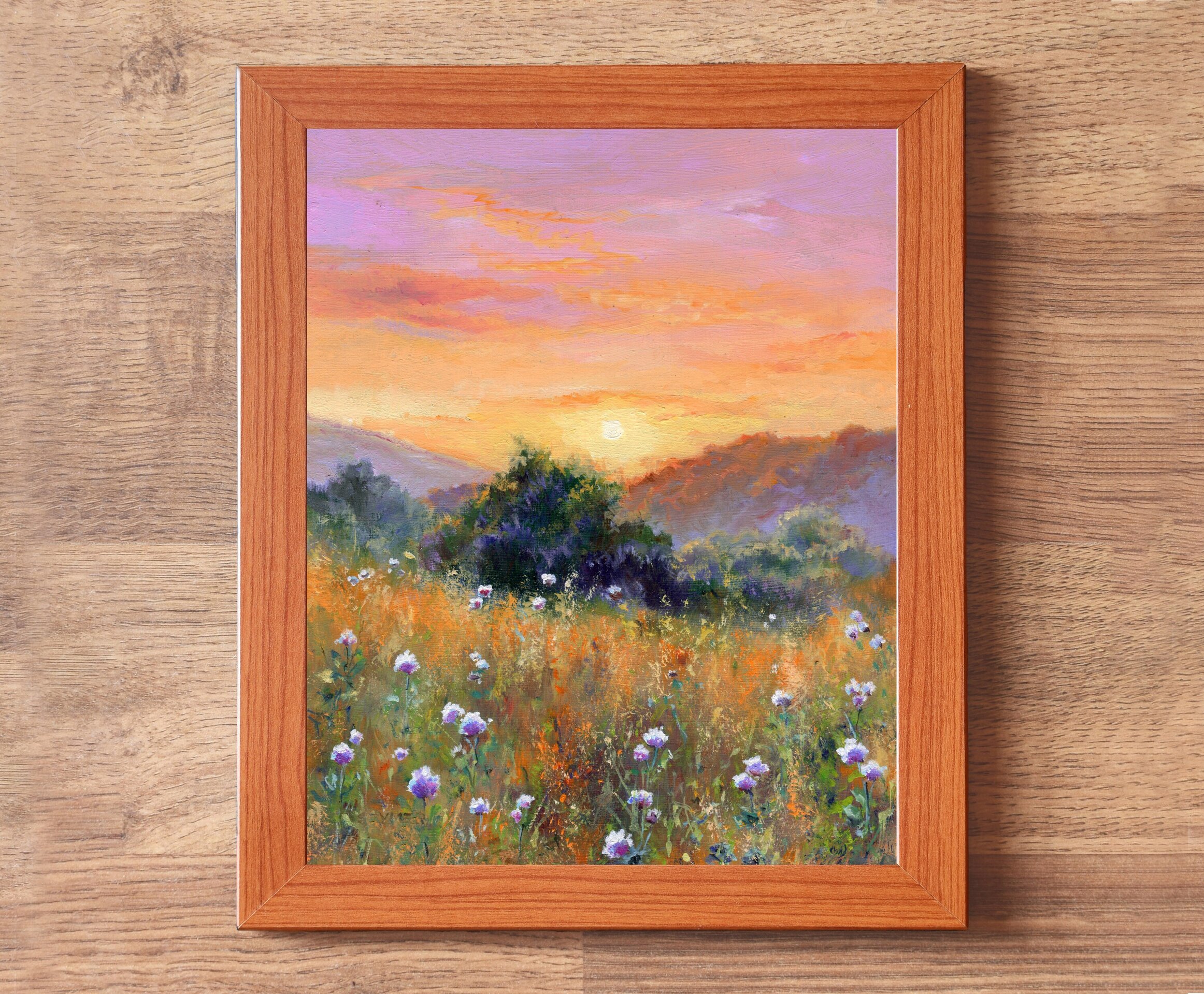Paisaje realista de campo de flores blancas en puesta de sol bajo cielo rosado - 3