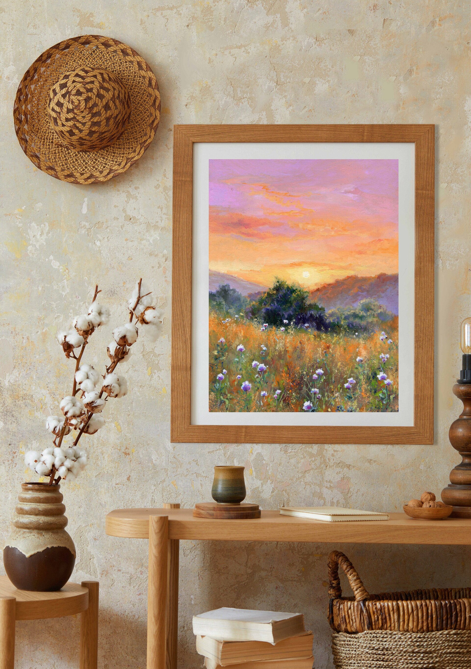 Paisaje realista de campo de flores blancas en puesta de sol bajo cielo rosado - 5