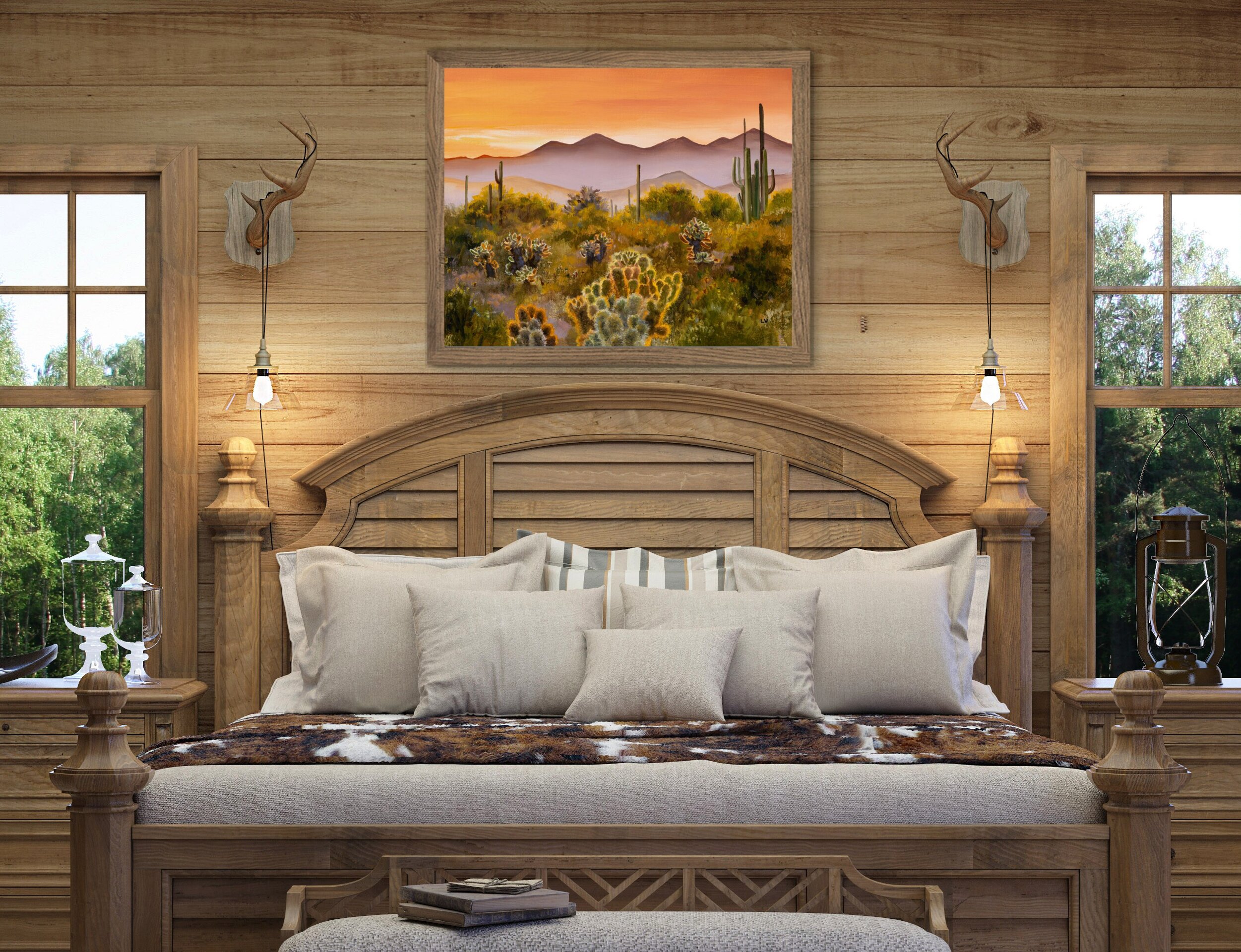 Suave pintura de desierto en tonos cálidos con cactus y paisaje árido y montañas - 6