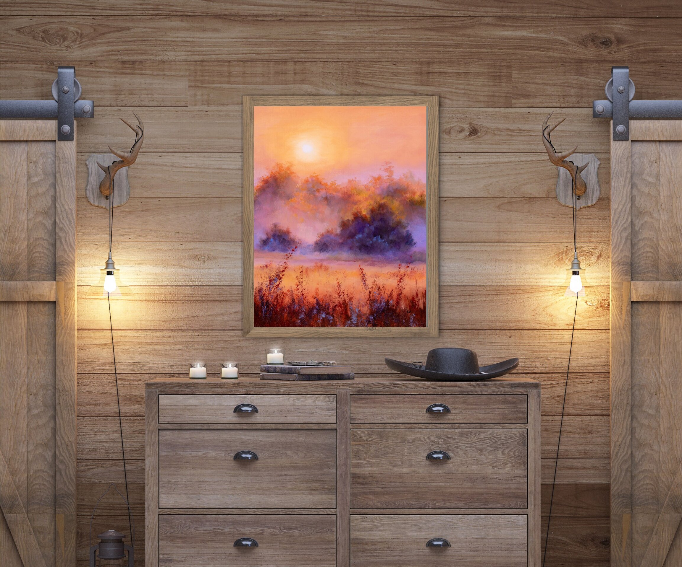 Pintura de amanecer sereno y niebla en campo de tonos dorados, naranja y morado - 6