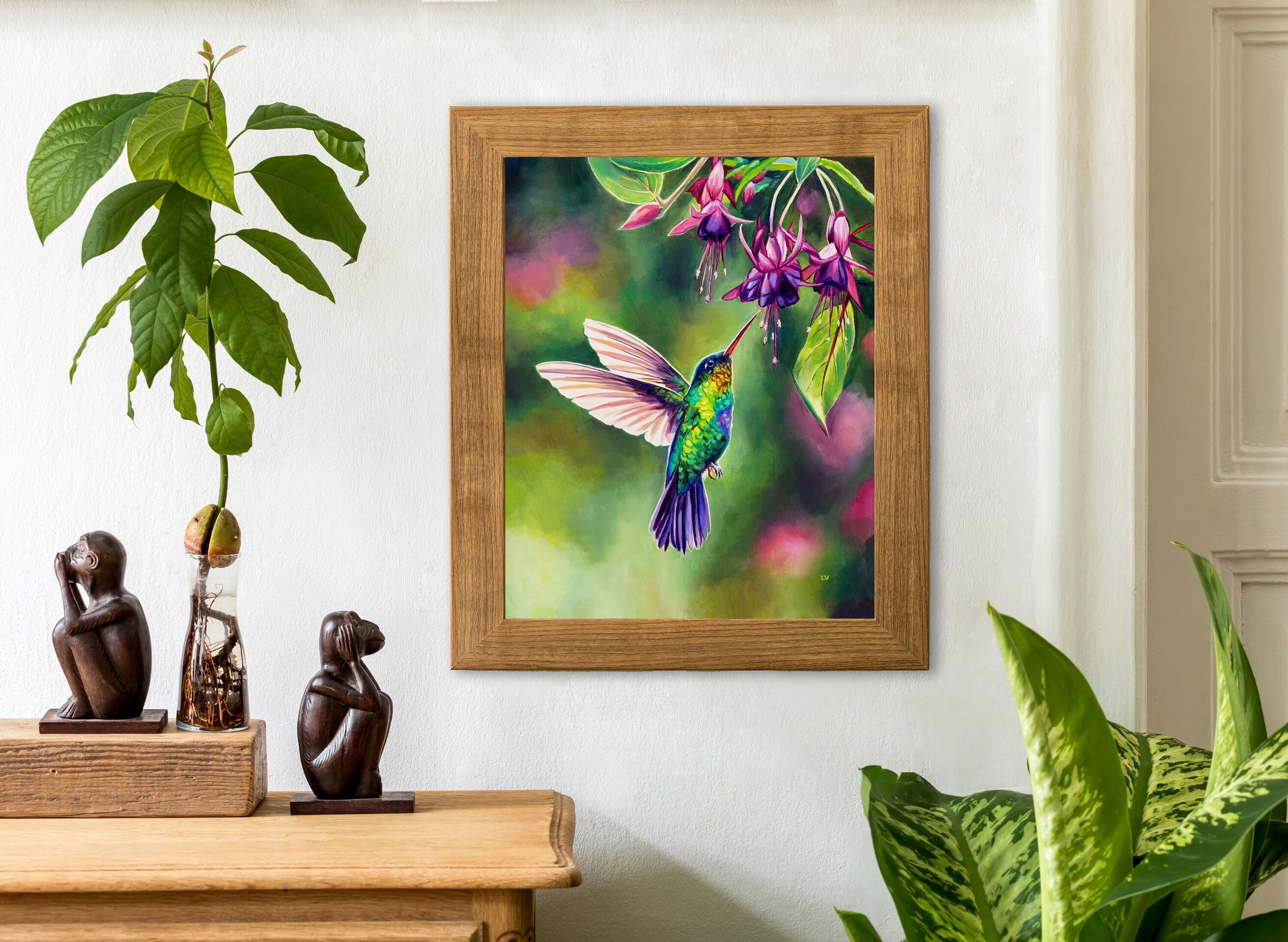 Pájaro colibrí volando con flores tropicales, Cuadro al óleo de ave exótica - 11