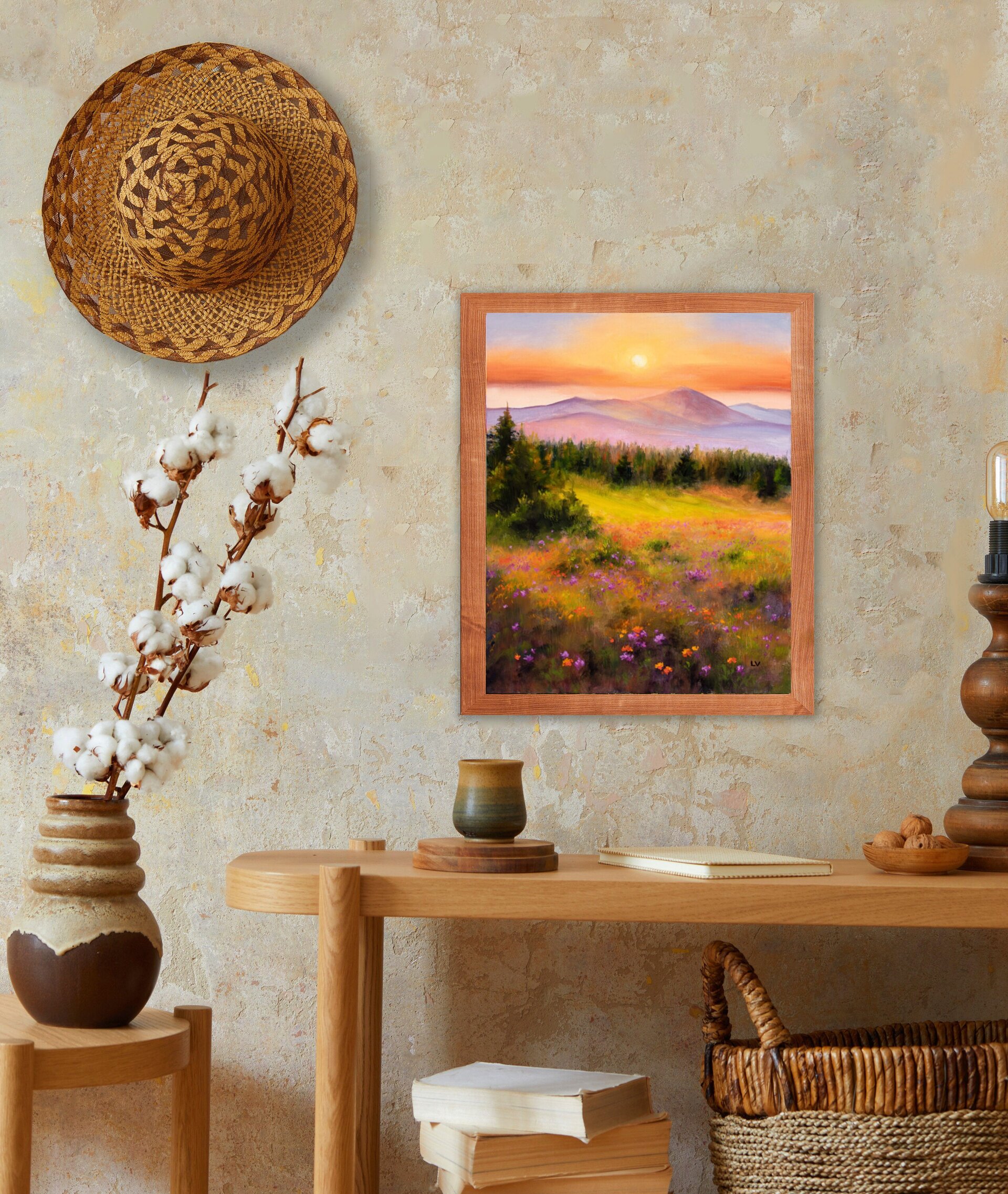 Montañas brumosas en puesta de sol con verde pradera, abetos y flores de colores - 10