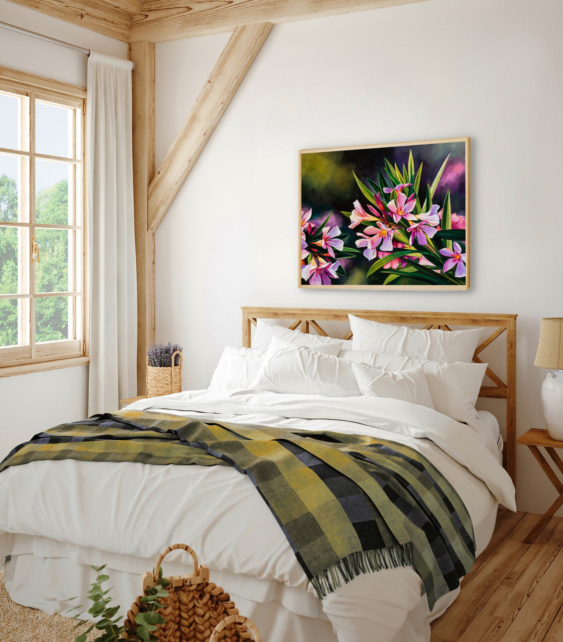 Cuadro al óleo de flores rosa de adelfa, Pintura de bodegón floral de verano - 7