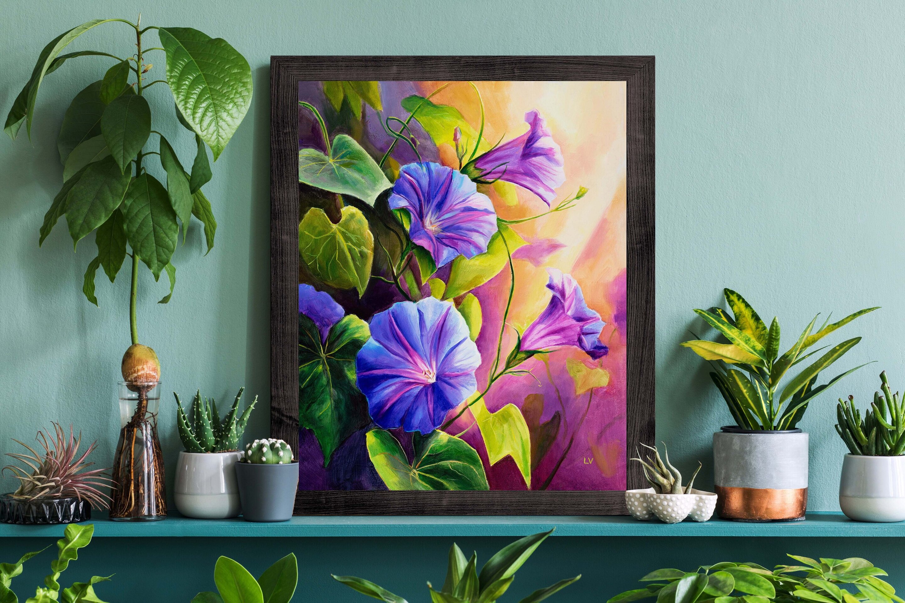 Flores de campanilla moradas en el jardín cuadro al óleo, Pintura botánica - 6