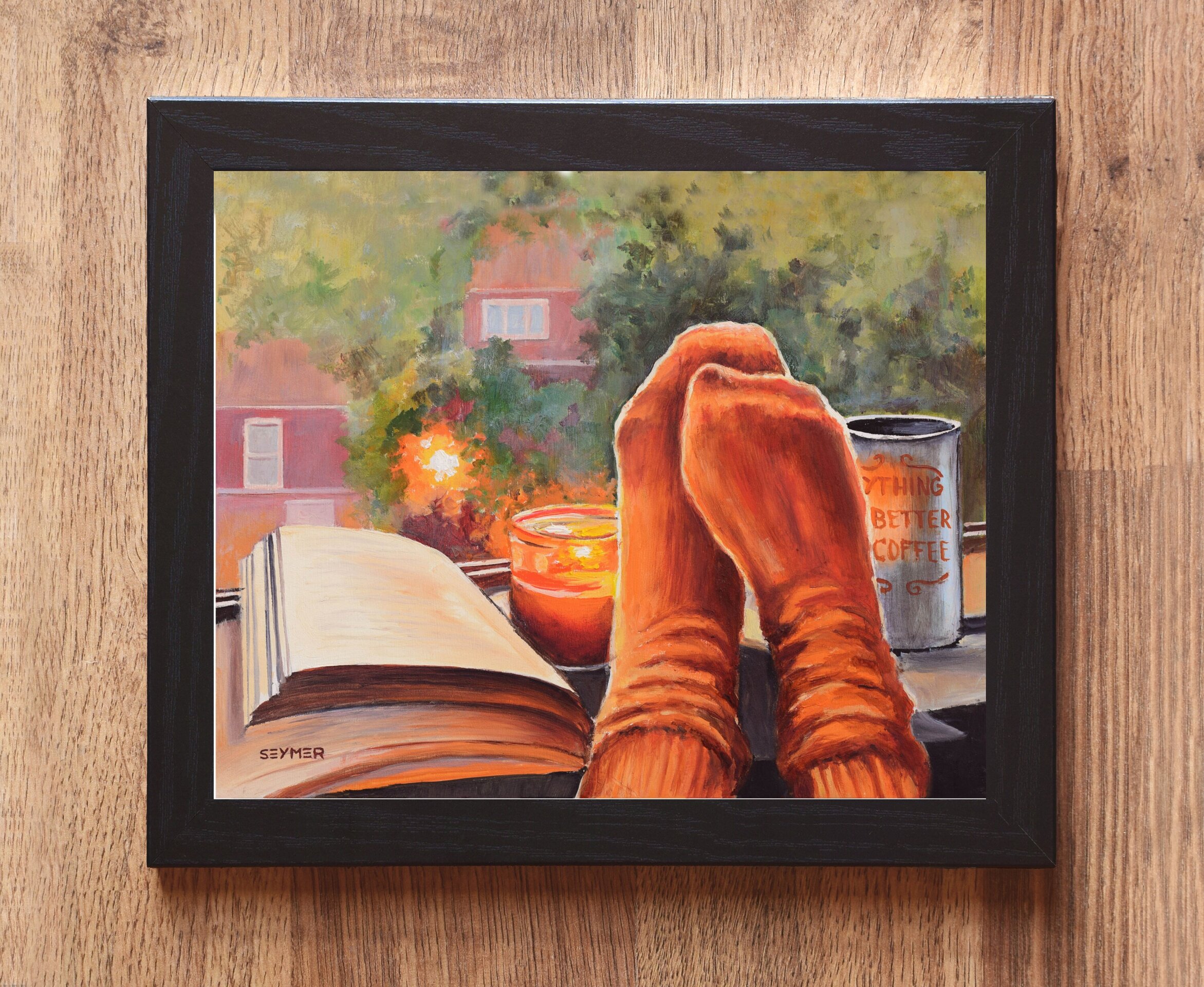 Pintura de un cálido hogar en otoño, un café, un libro y una vela en la ventana - 2