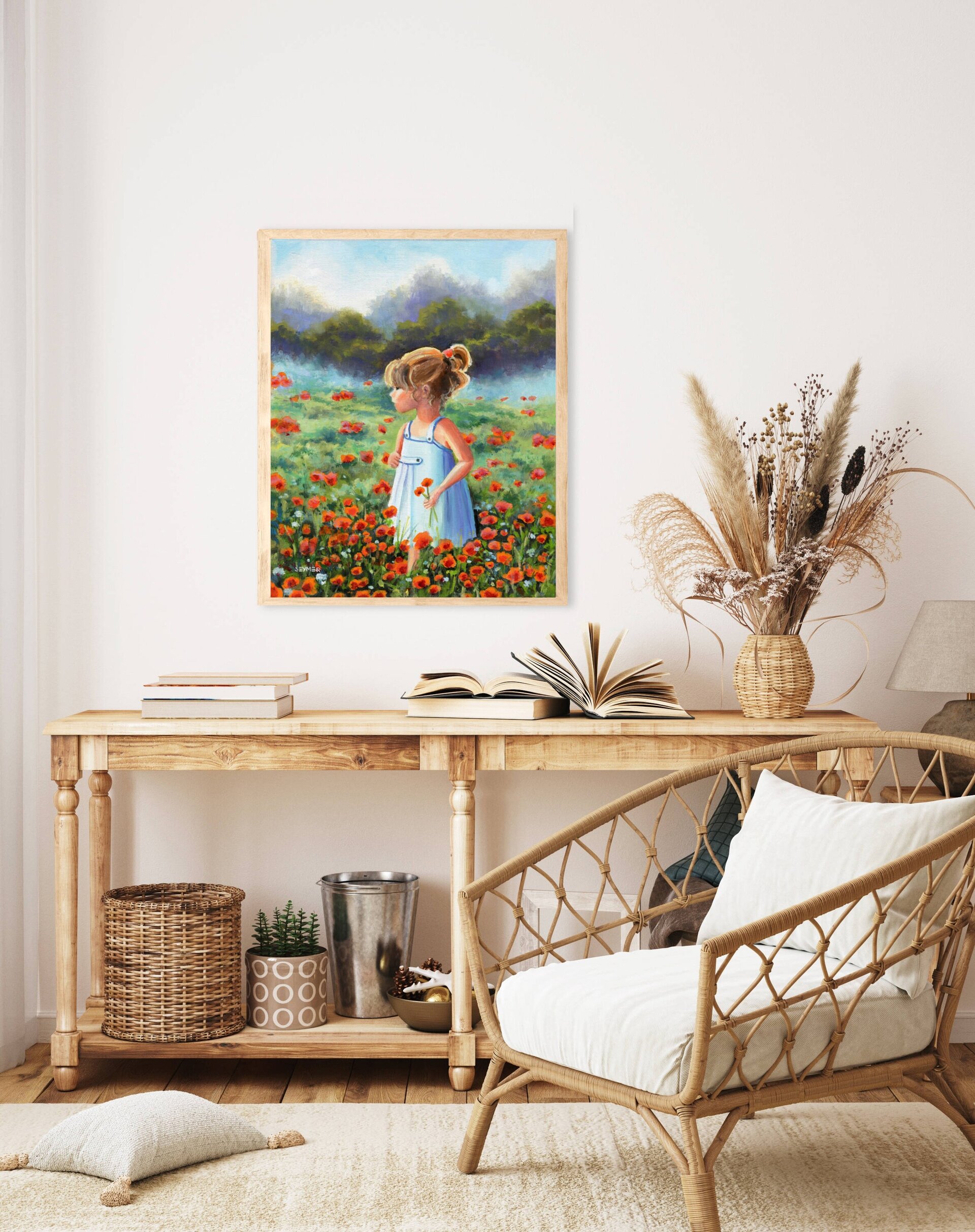 Pintura Niña en campo de amapolas rojas a pleno sol, Luz, color, paz, inocencia - 5