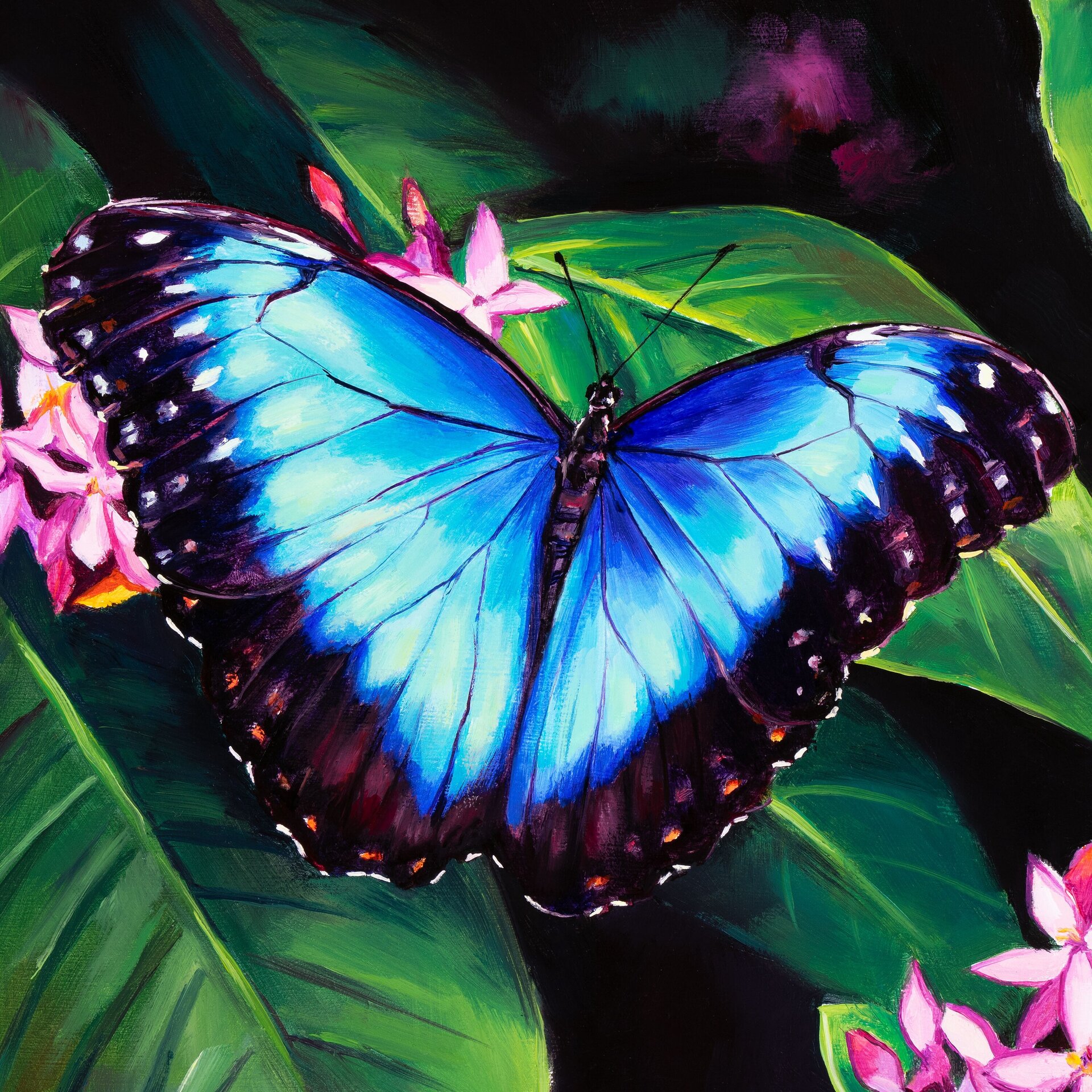 Cuadro de mariposa azul morpho sobre flores rosa, Pintura al óleo insecto jardín - 9