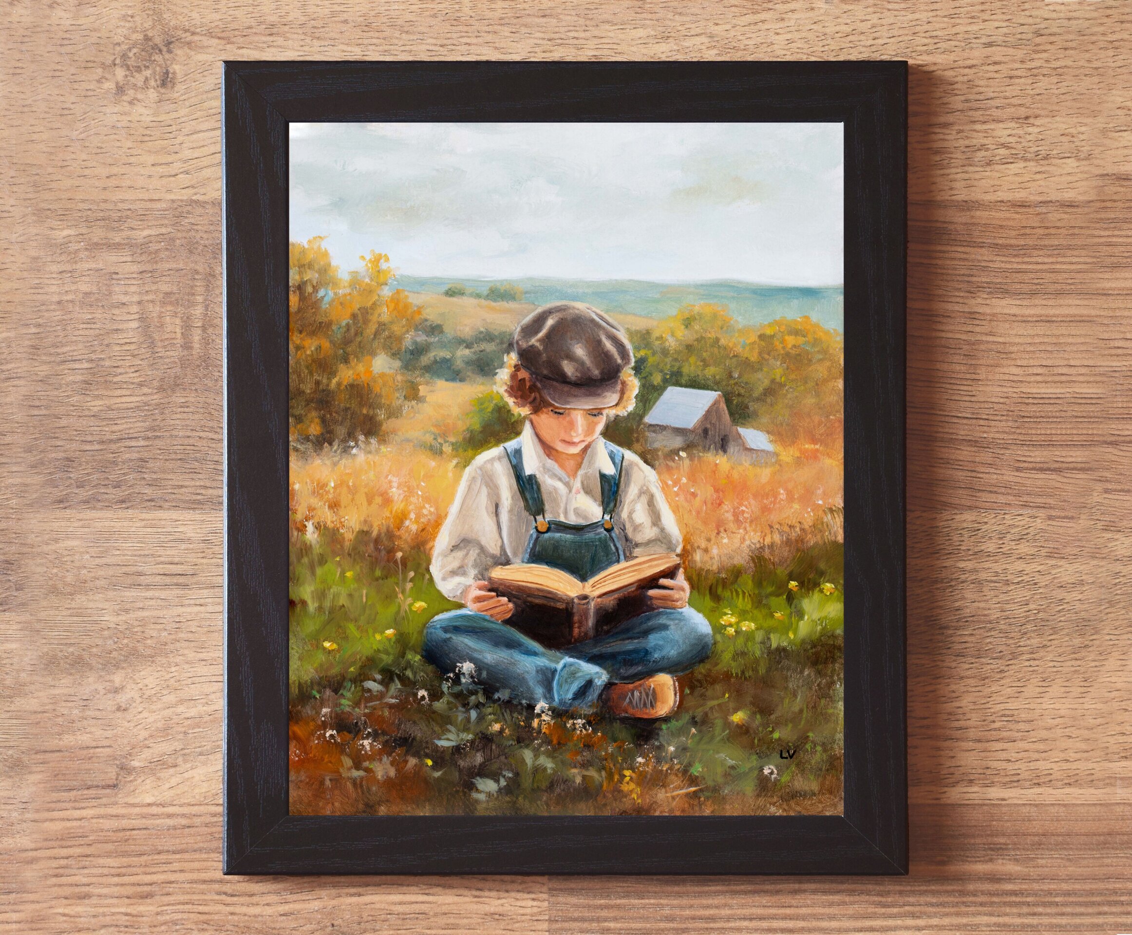 Pintura de niño campesino en la granja con un libro. Nostalgia de vida campestre - 2