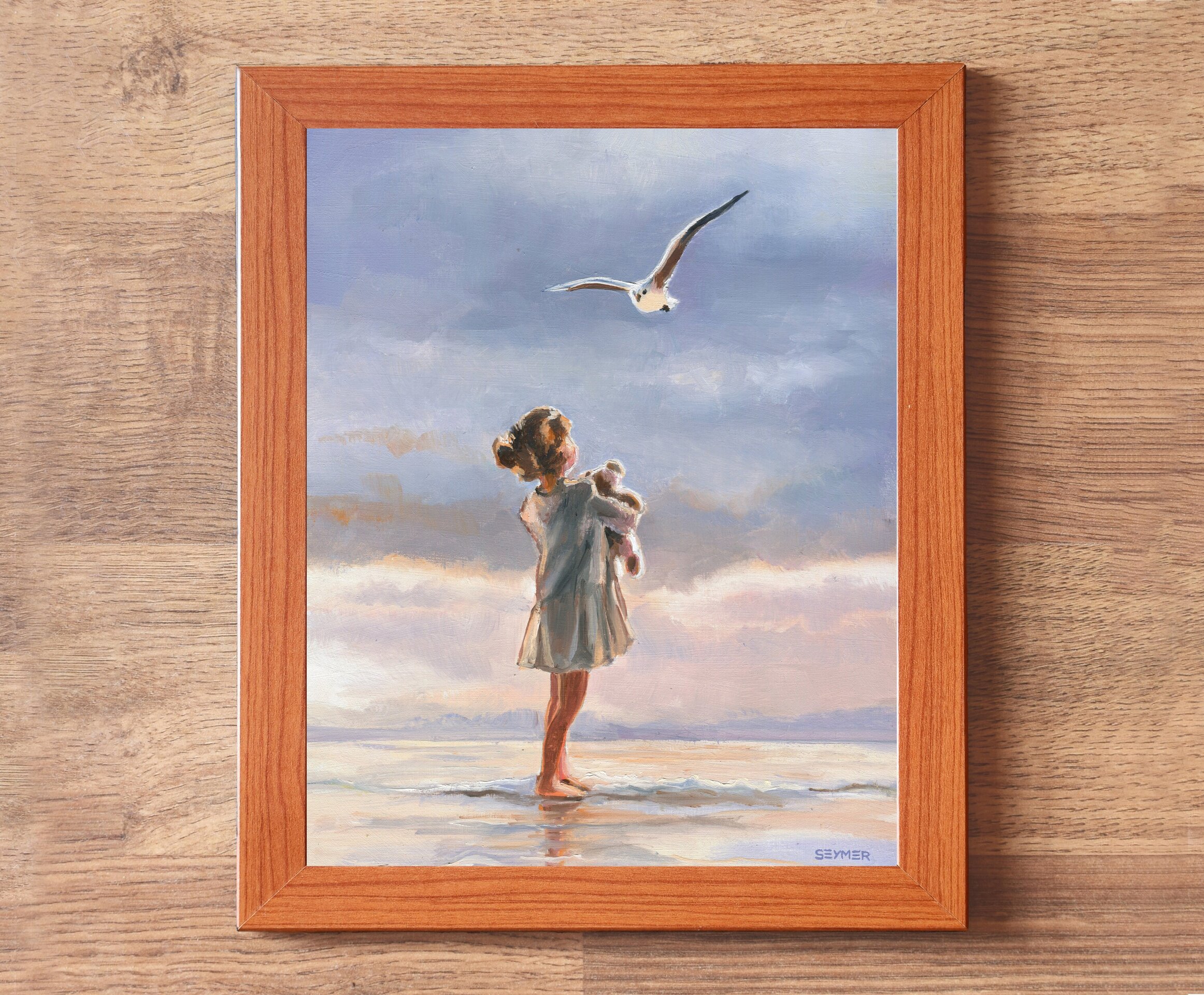 Pintura de niña en la playa con gaviota volando sobre el mar, Sentimiento de paz - 3