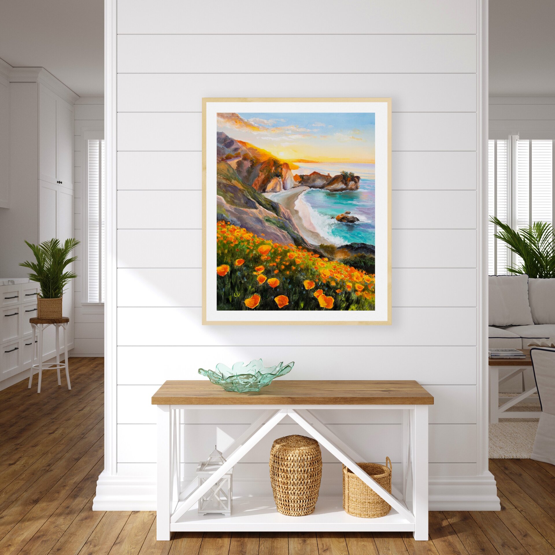 Pintura de playa de California, Mar de agua turquesa con rocas en puesta de sol - 8
