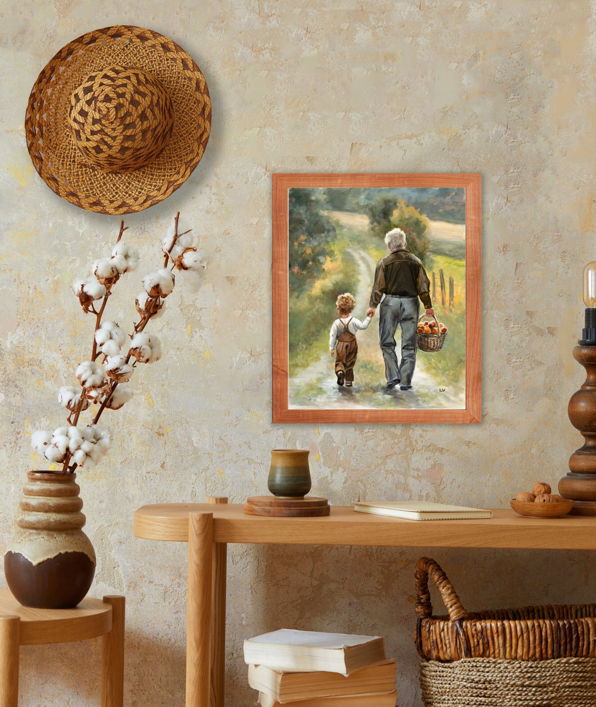 Pintura tierna de abuelo y nieto con cesto de manzanas en camino rural de granja - 11