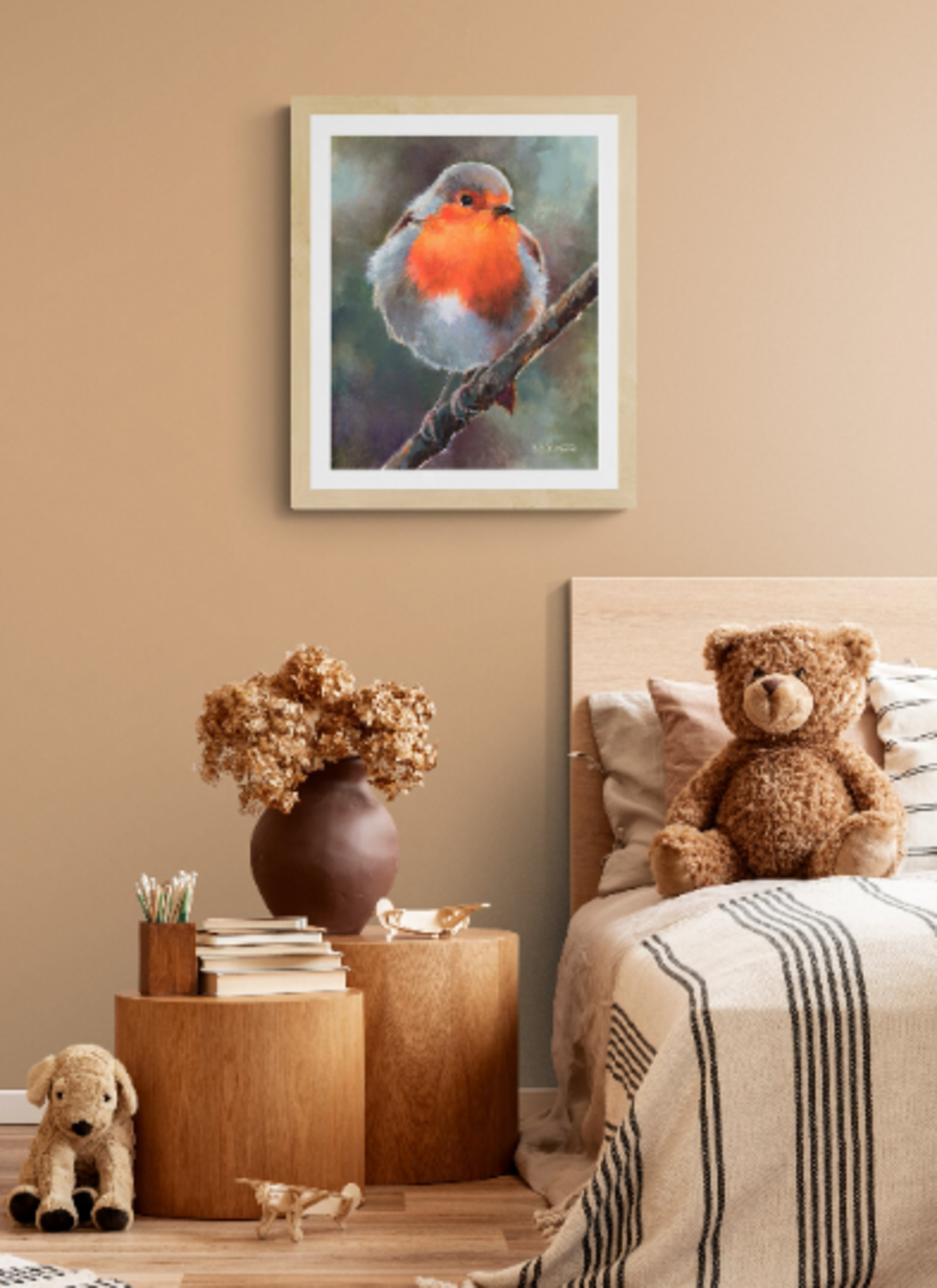 Pintura de pájaro petirrojo sobre rama libre y felíz, Arte de realismo animal - 7