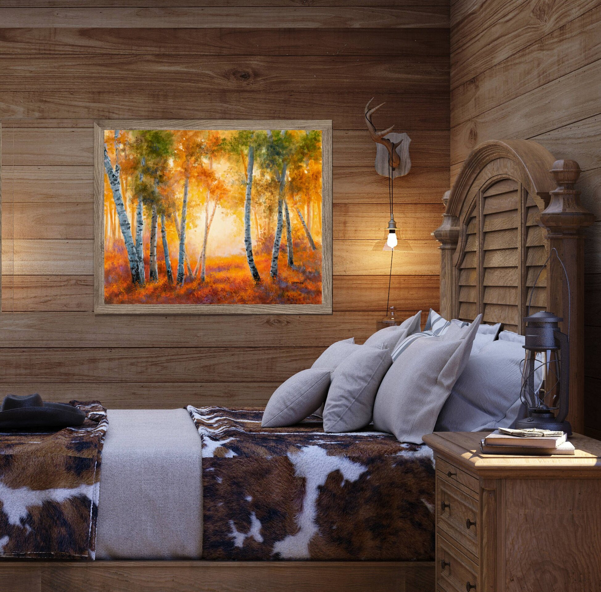 Bosque otoñal de abedules y luz entre los árboles, Óleo en tonos naranja y verde - 5