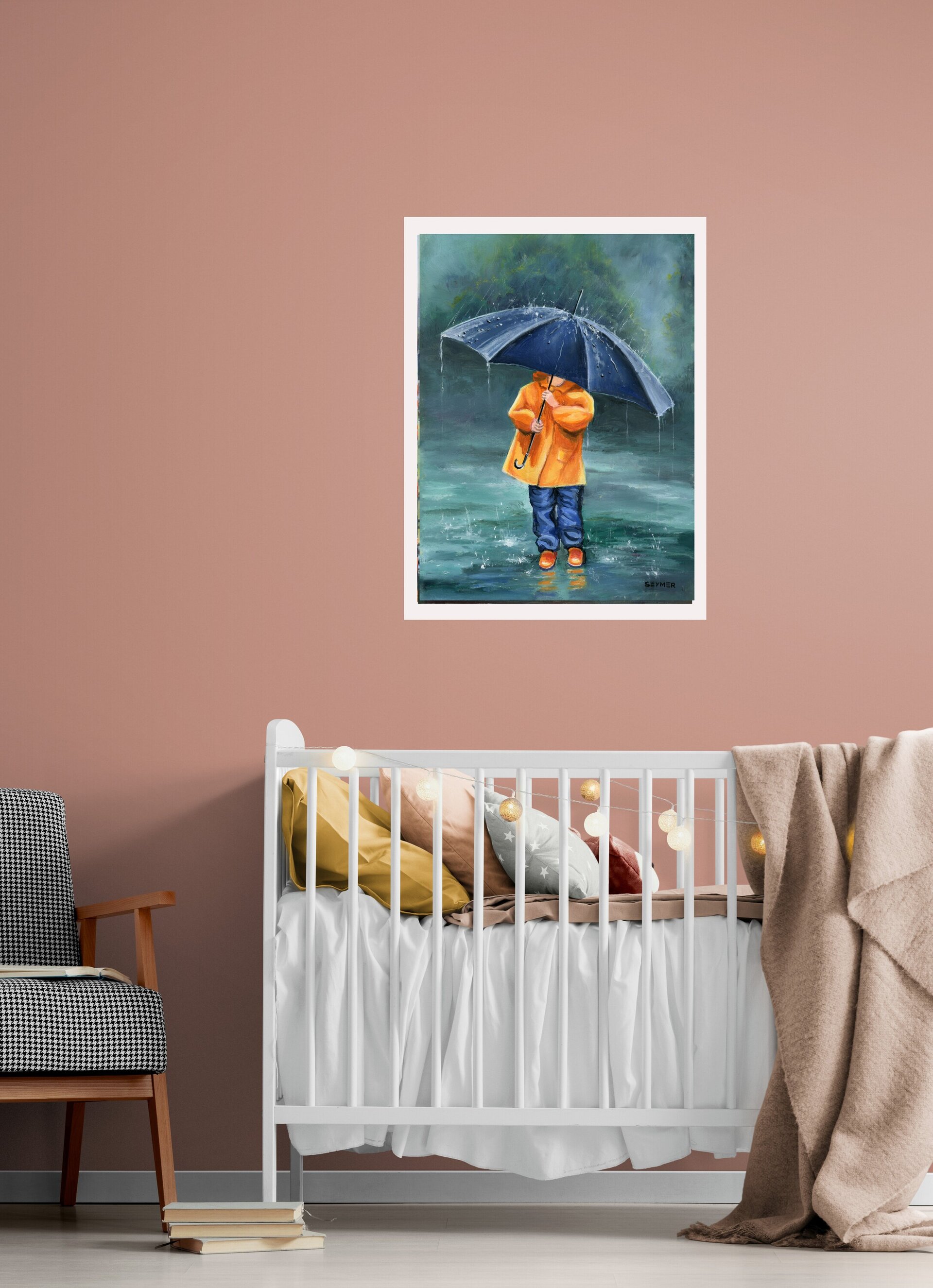 Niña con paraguas e impermeable en día de lluvia con charcos, pintura infantil - 8