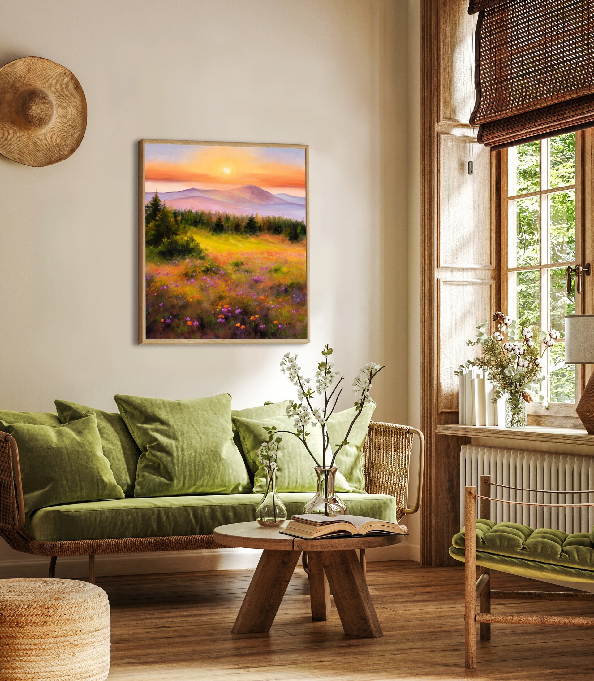 Montañas brumosas en puesta de sol con verde pradera, abetos y flores de colores - 9