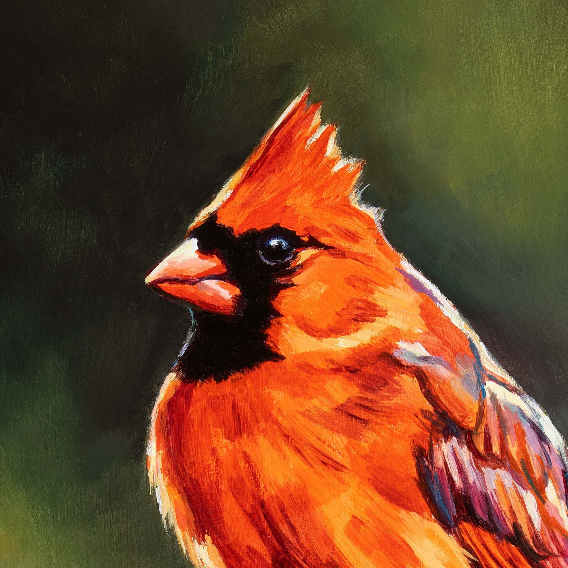 Retrato al óleo de un pajaro cardenal rojo sobre una rama, Pintura de animales - 6