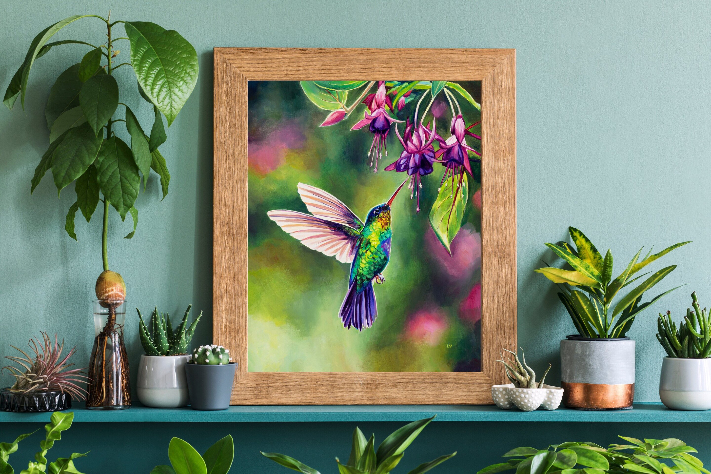 Pájaro colibrí volando con flores tropicales, Cuadro al óleo de ave exótica - 6