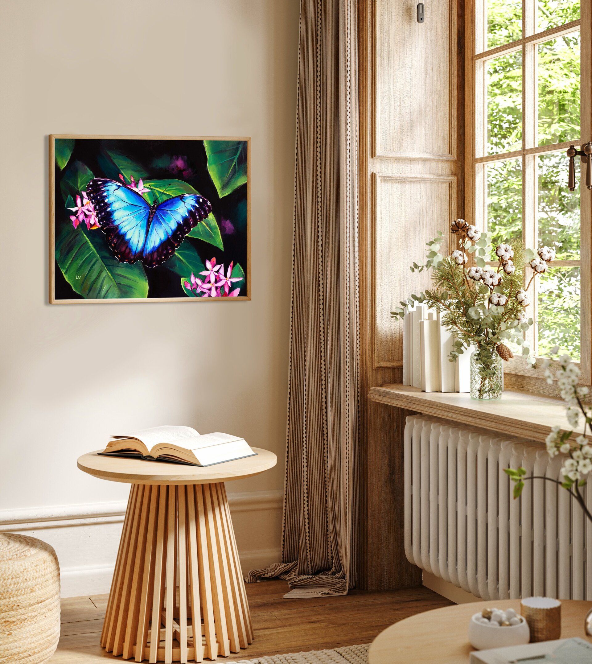 Cuadro de mariposa azul morpho sobre flores rosa, Pintura al óleo insecto jardín - 12