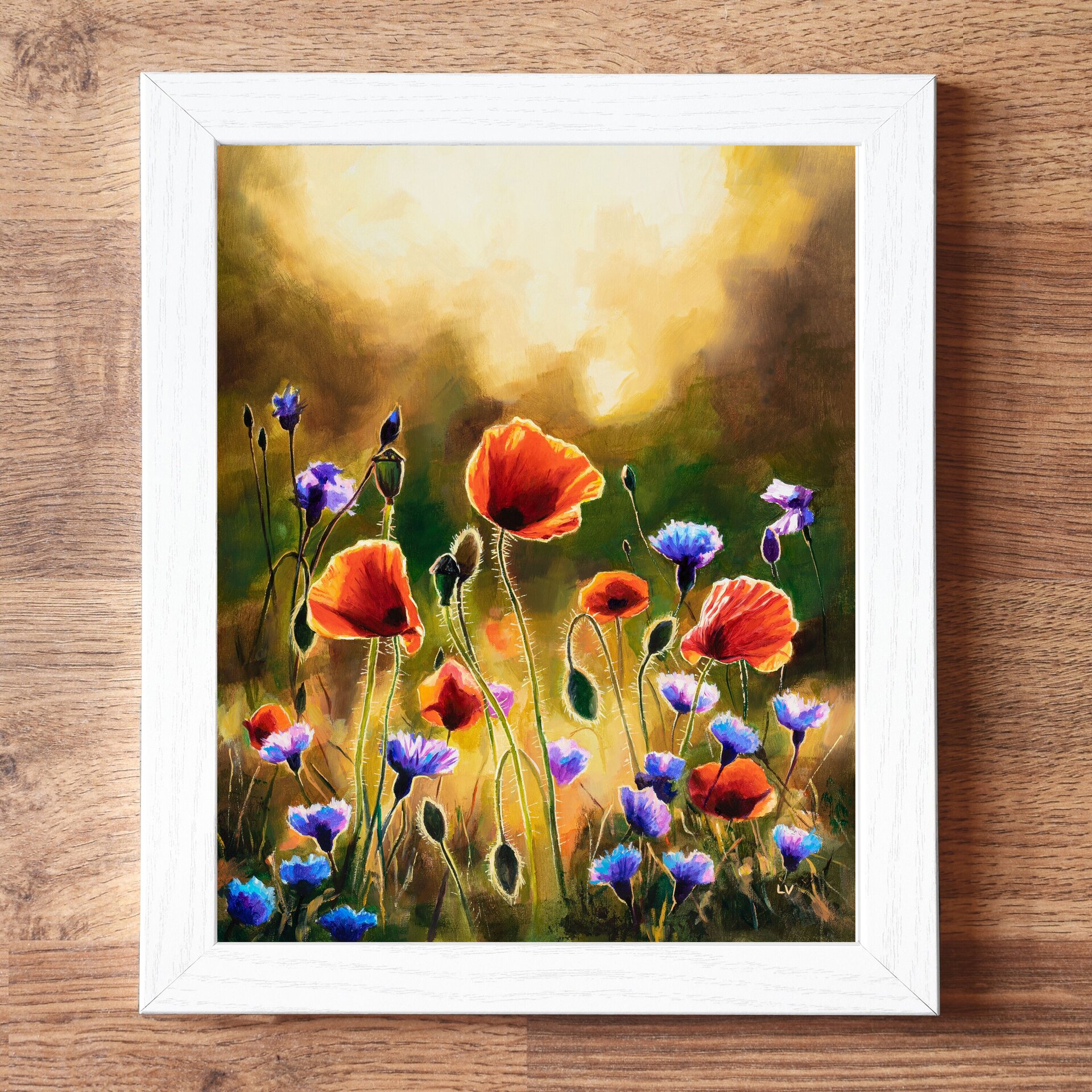 Cuadro colorido de amapolas y acianos en un campo de primavera al atardecer - 4