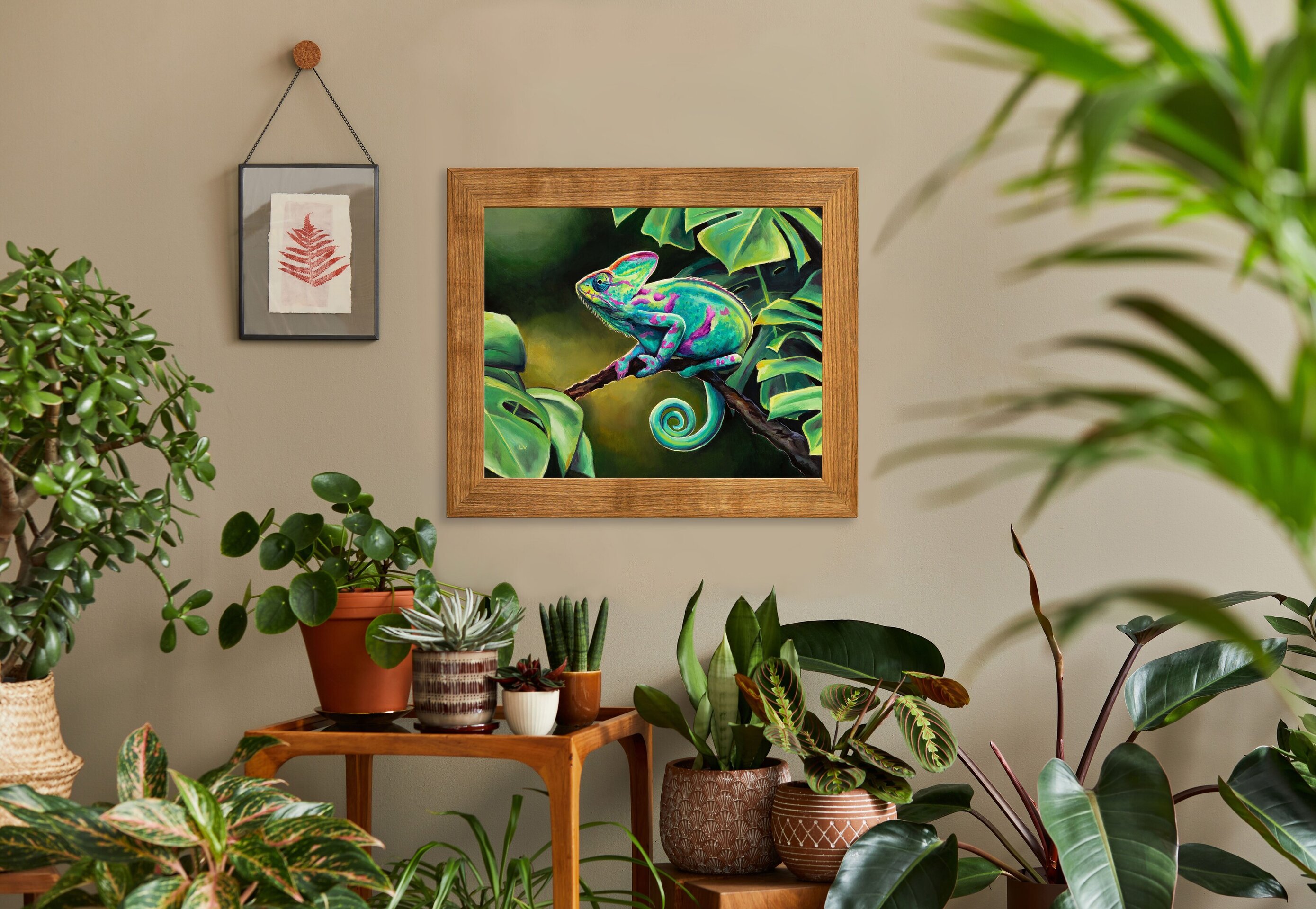 Cuadro al óleo de camaleón verde en la selva, Pintura realista animales salvajes - 10