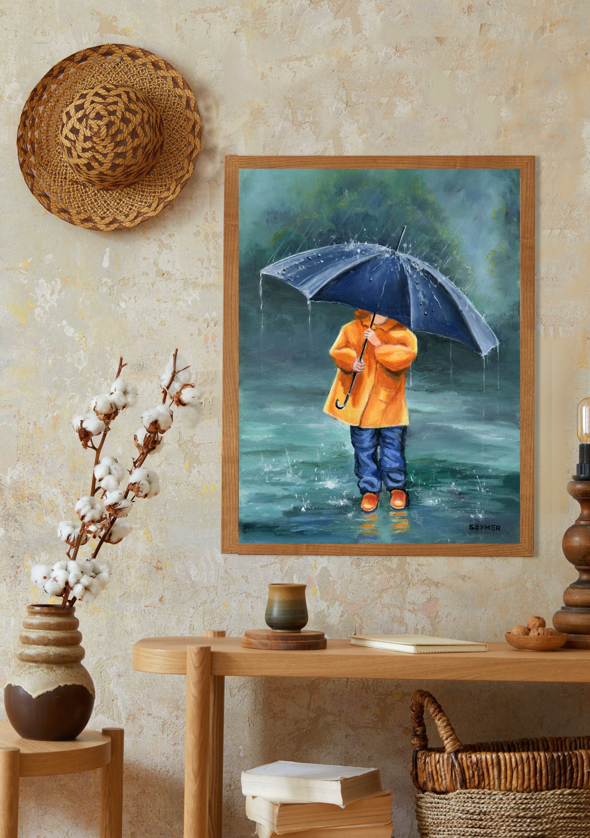 Niña con paraguas e impermeable en día de lluvia con charcos, pintura infantil - 9