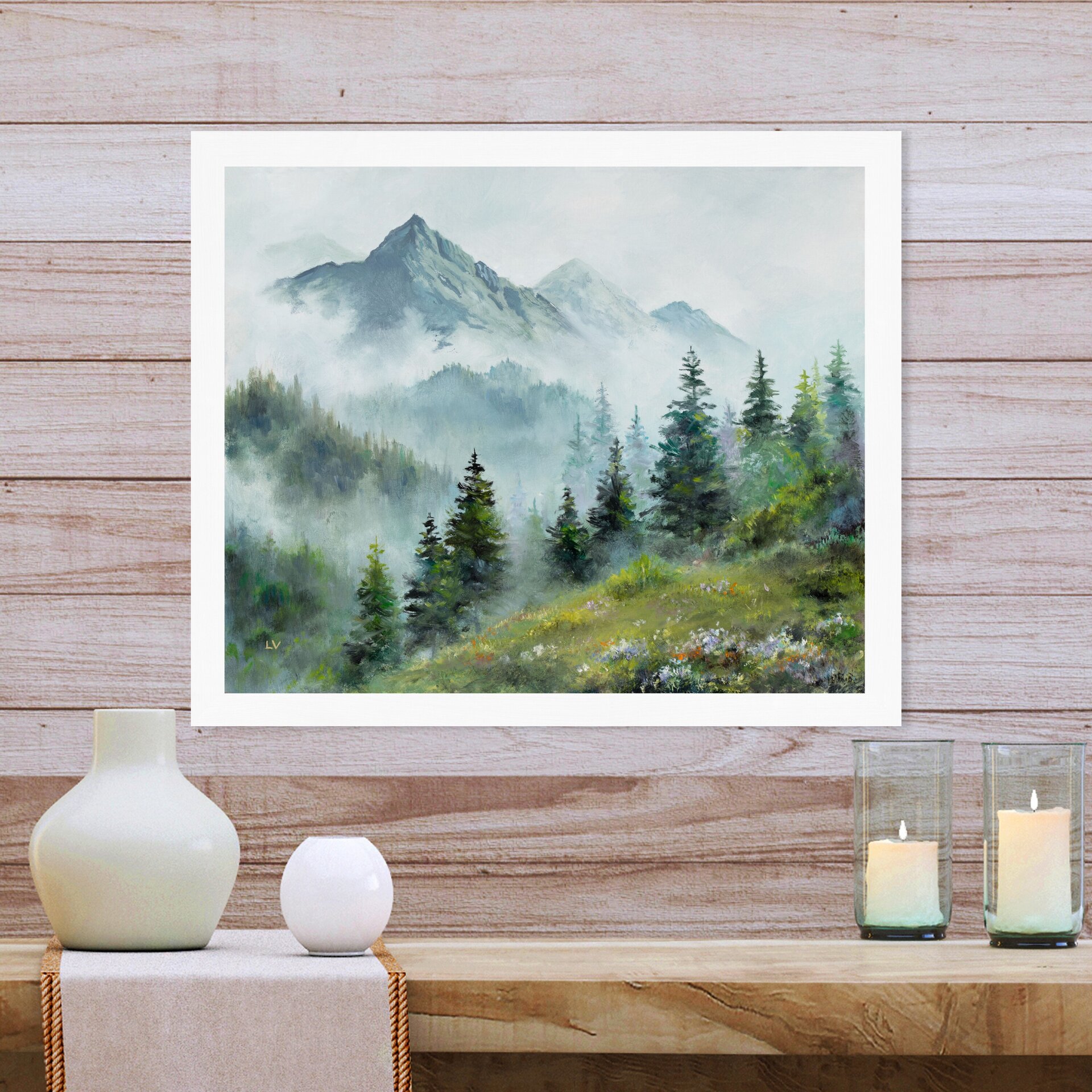 Montañas y abetos con niebla en paisaje de invierno, pintura en tonos azules - 10