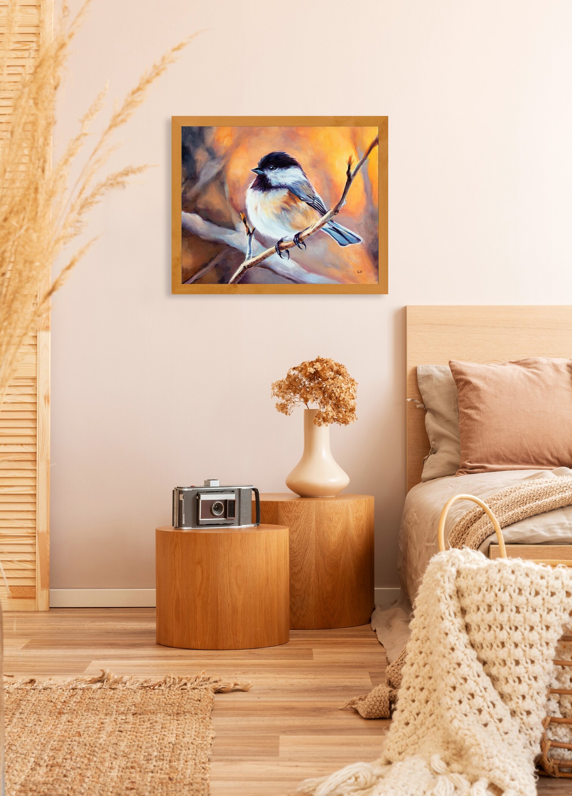 Pintura al óleo de pájaro carbonero cabecinegro sobre una rama del bosque - 9