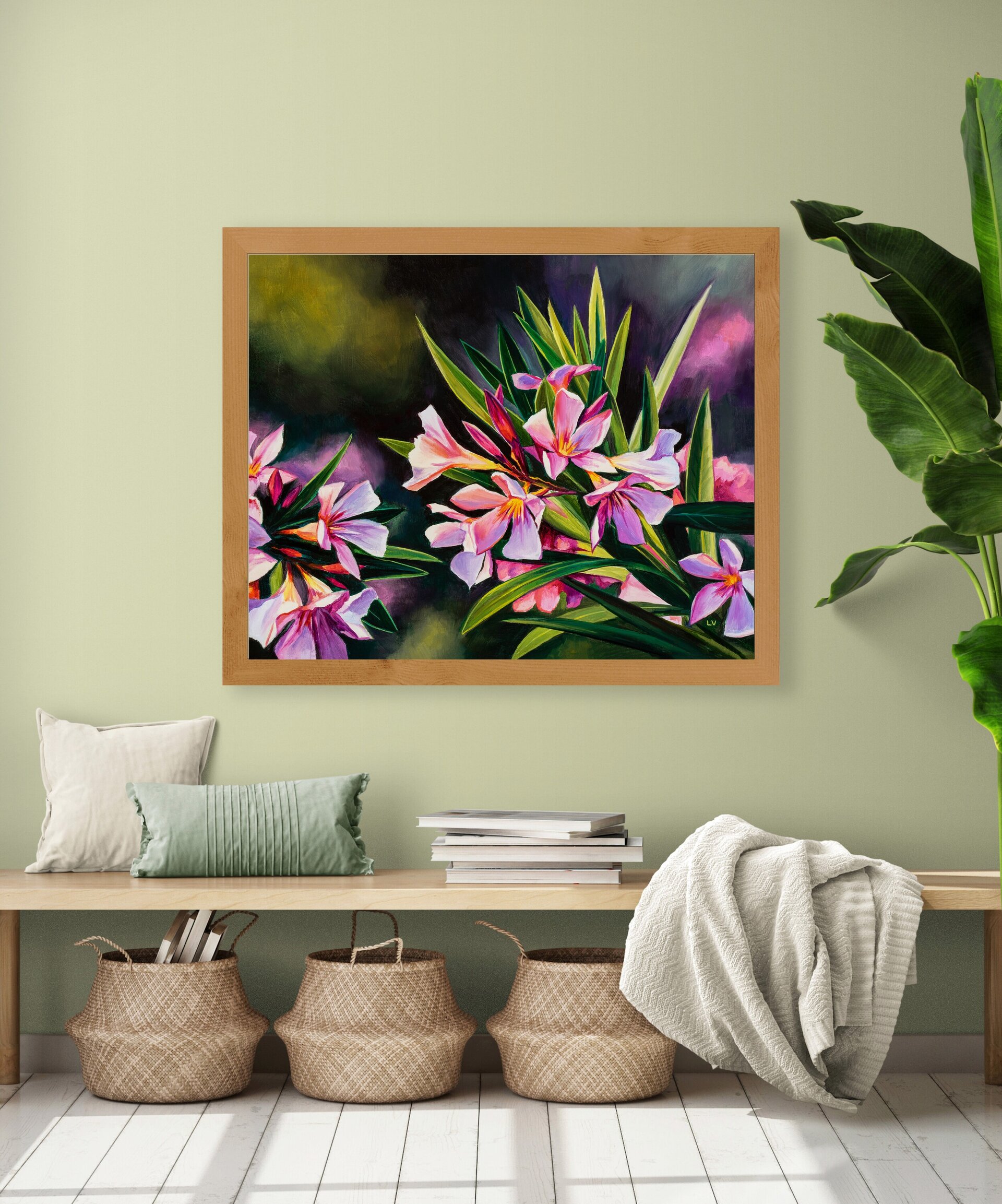 Cuadro al óleo de flores rosa de adelfa, Pintura de bodegón floral de verano - 11