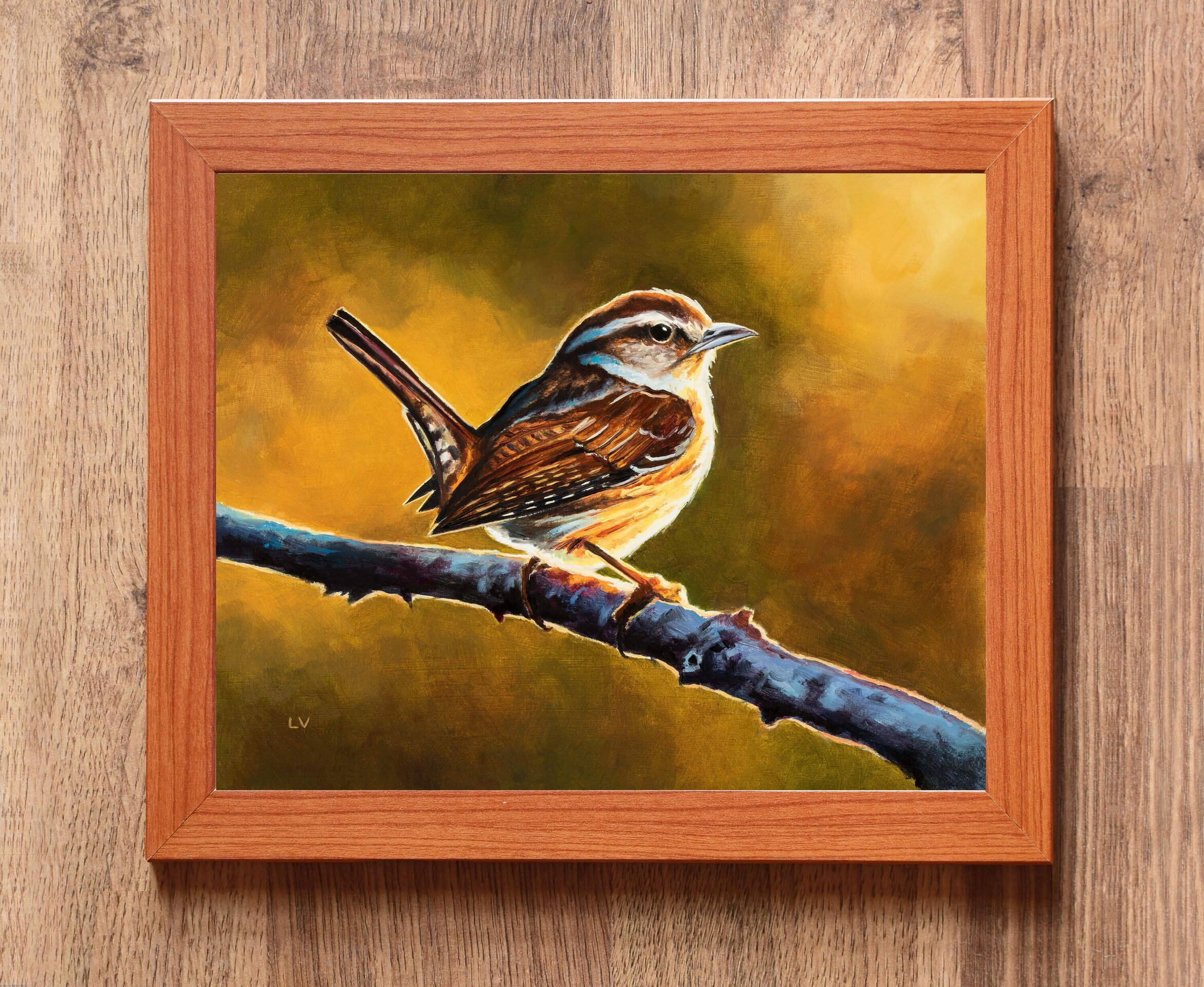 Pintura al óleo de un pájaro marrón sobre una rama, Cuadro animales silvestres - 3