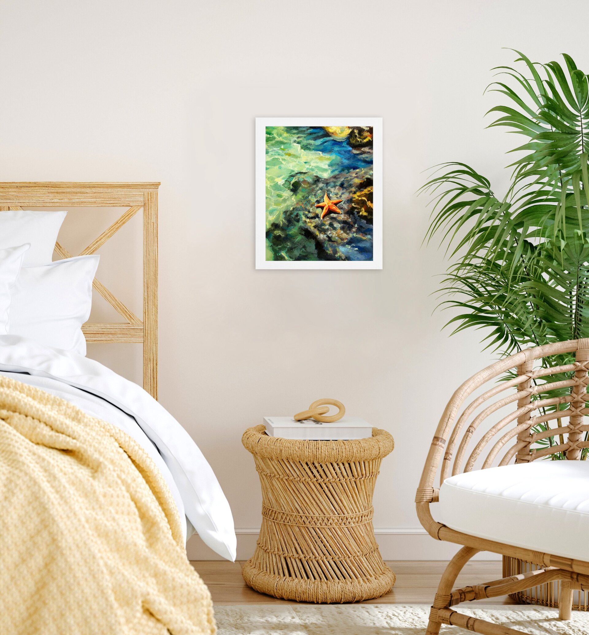 Cuadro al óleo de estrella de mar, Paisaje de océano con rocas, agua y olas - 8