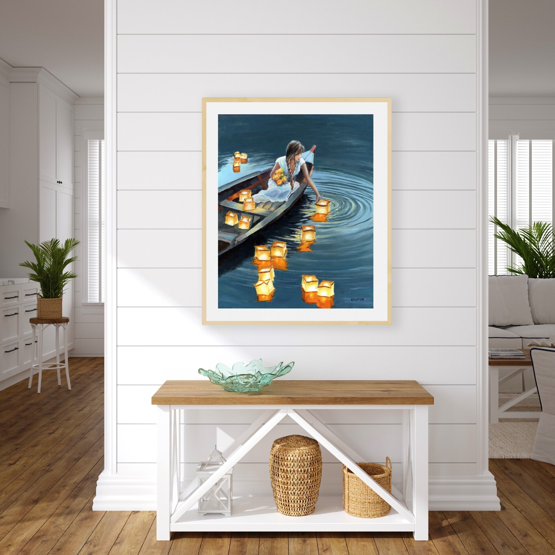 Pintura chica en barca con farolillos de luz en lago de noche, Amor, alma y paz - 8