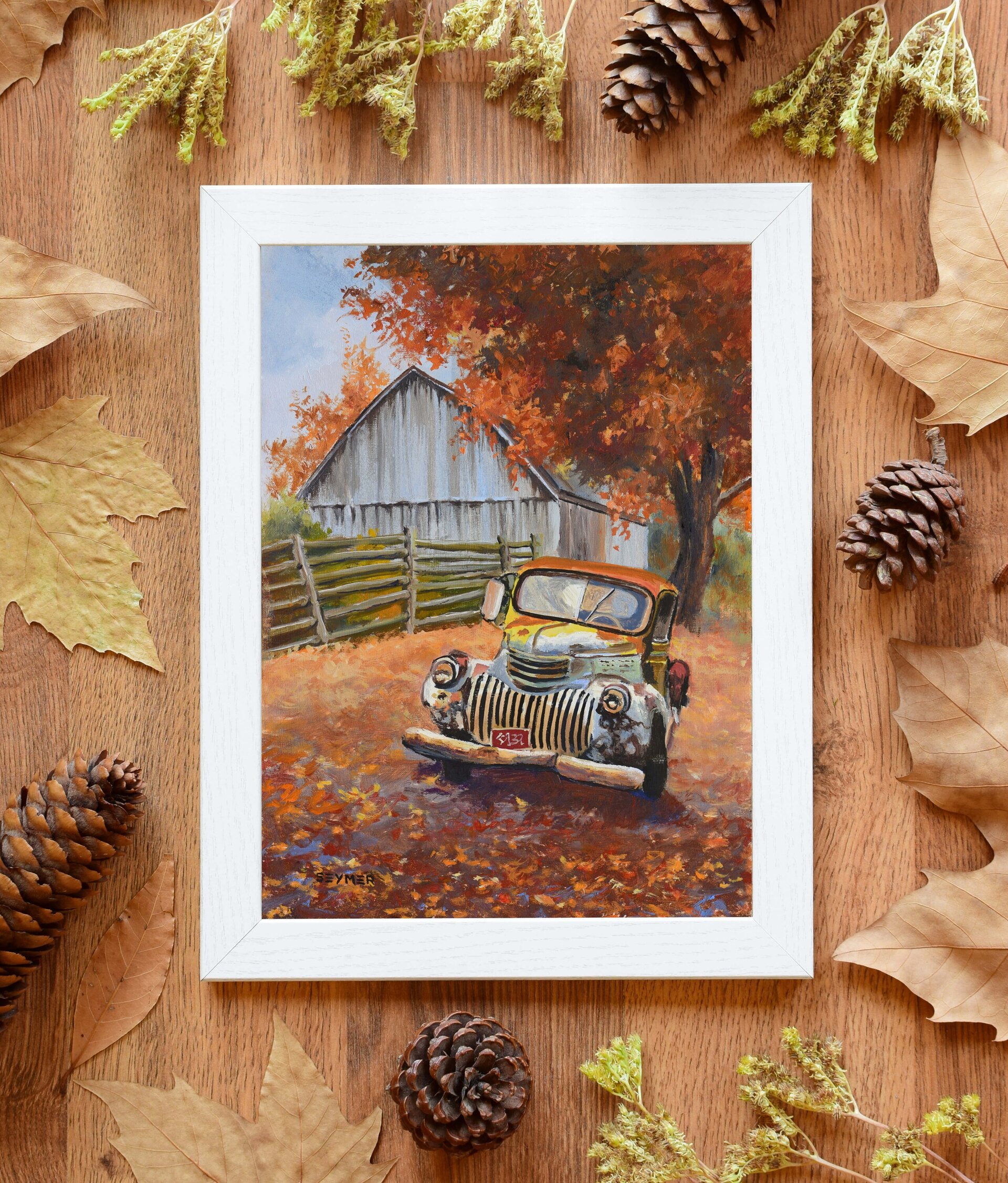 Óleo de Paisaje rural con viejo coche pickup y hojas de otoño en granero vintage - 4