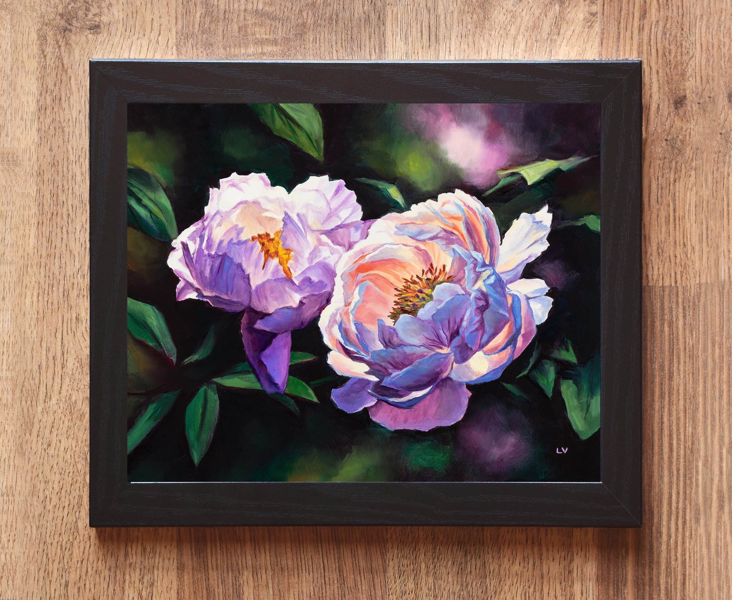 Bodegón floral con peonías rosa de jardín, Pintura botánica al óleo realista - 2