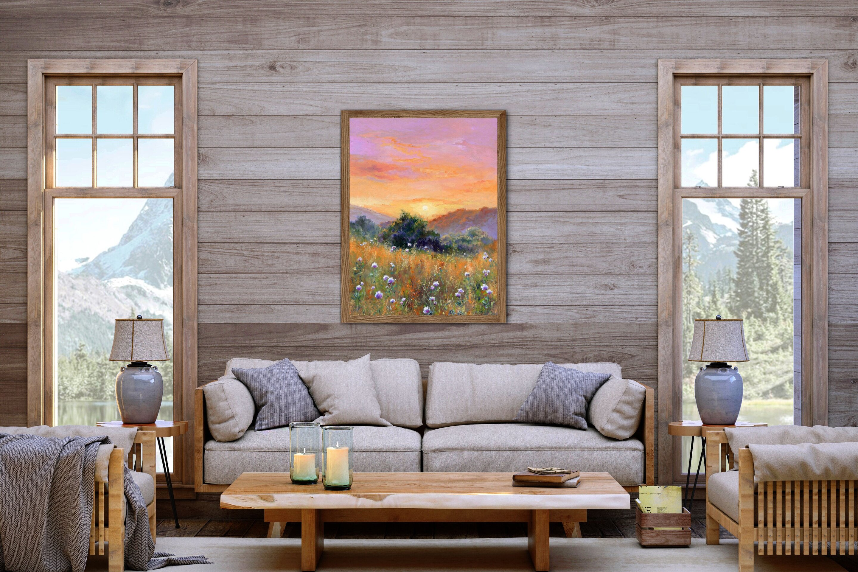 Paisaje realista de campo de flores blancas en puesta de sol bajo cielo rosado - 8