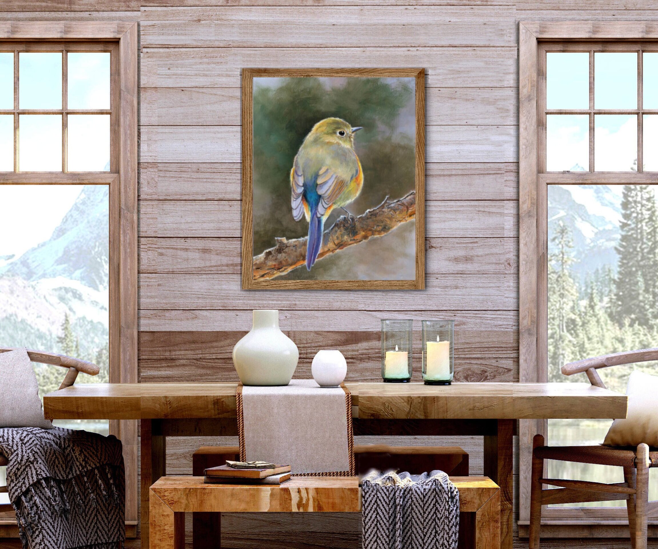 Pintura detallada y realista de pájaro amarillo sobre rama. Ave de cola azul - 9