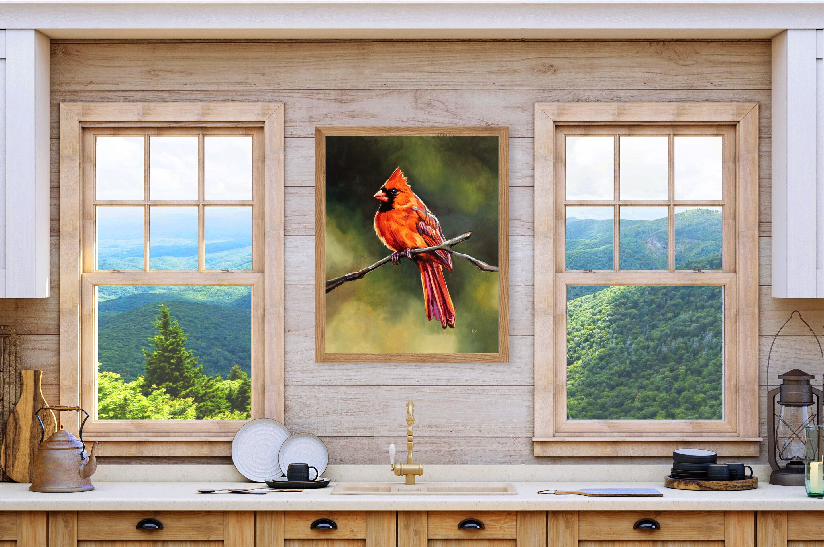 Retrato al óleo de un pajaro cardenal rojo sobre una rama, Pintura de animales - 13