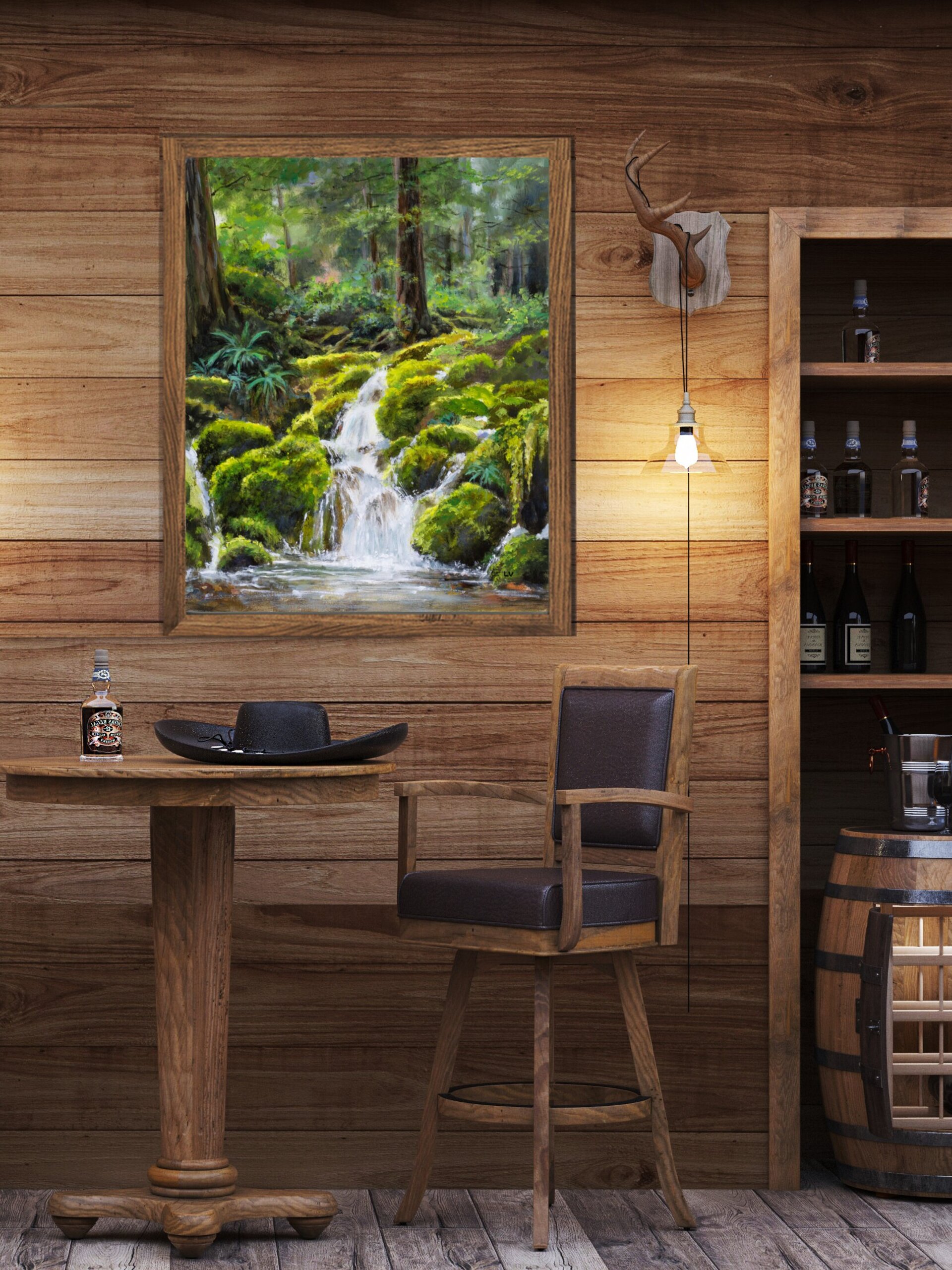 Pintura realista de río forestal con cascada y piedras cubiertas de musgo verde - 9