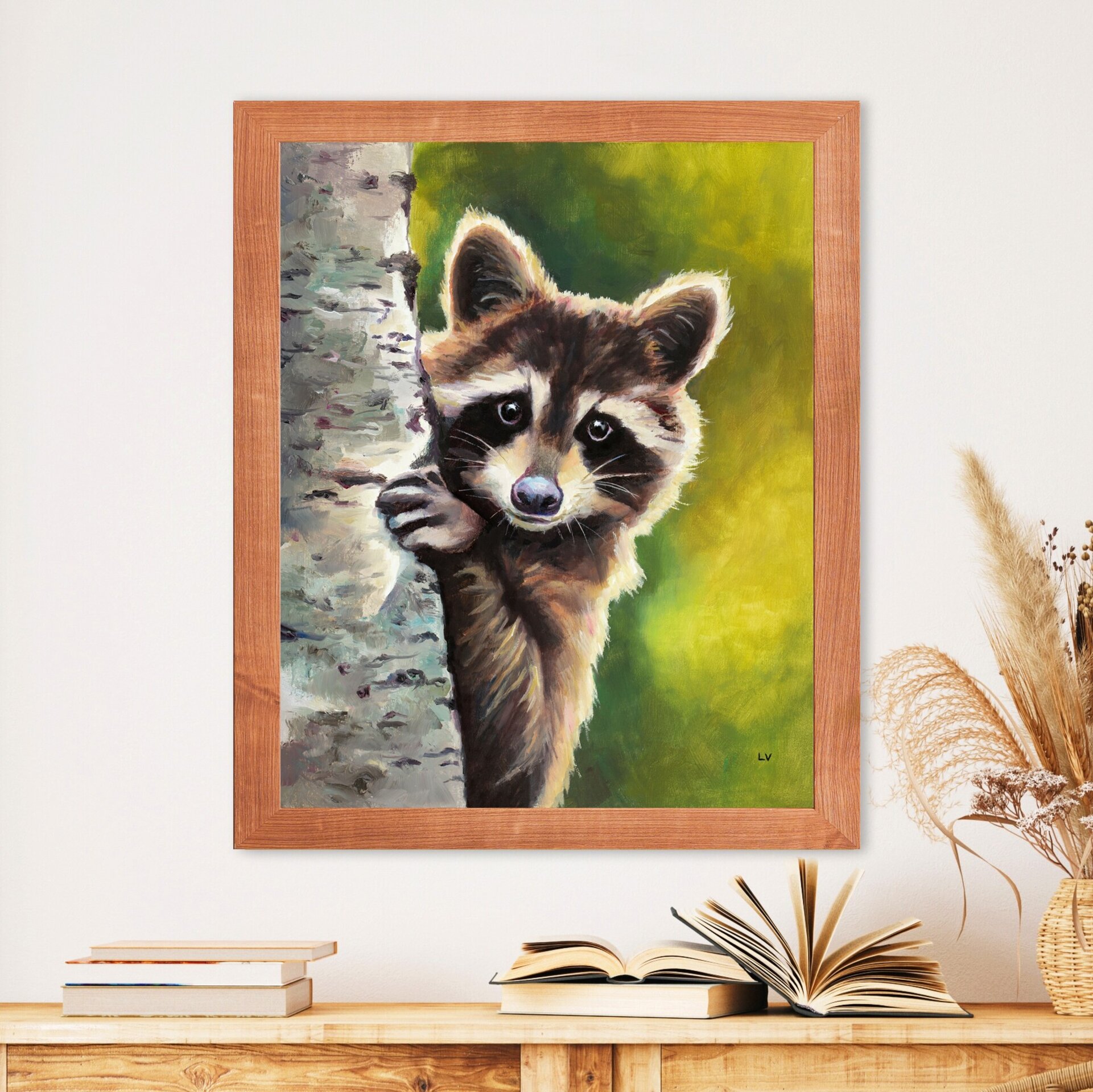 Retrato al óleo de un mapache asomado en un tronco, Pintura realista de animales - 10