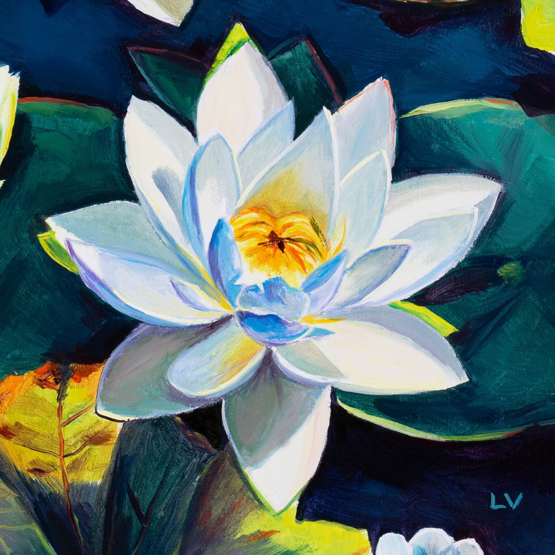 Flores de nenúfar blanco sobre el agua del estanque, Cuadro flores de loto óleo - 9