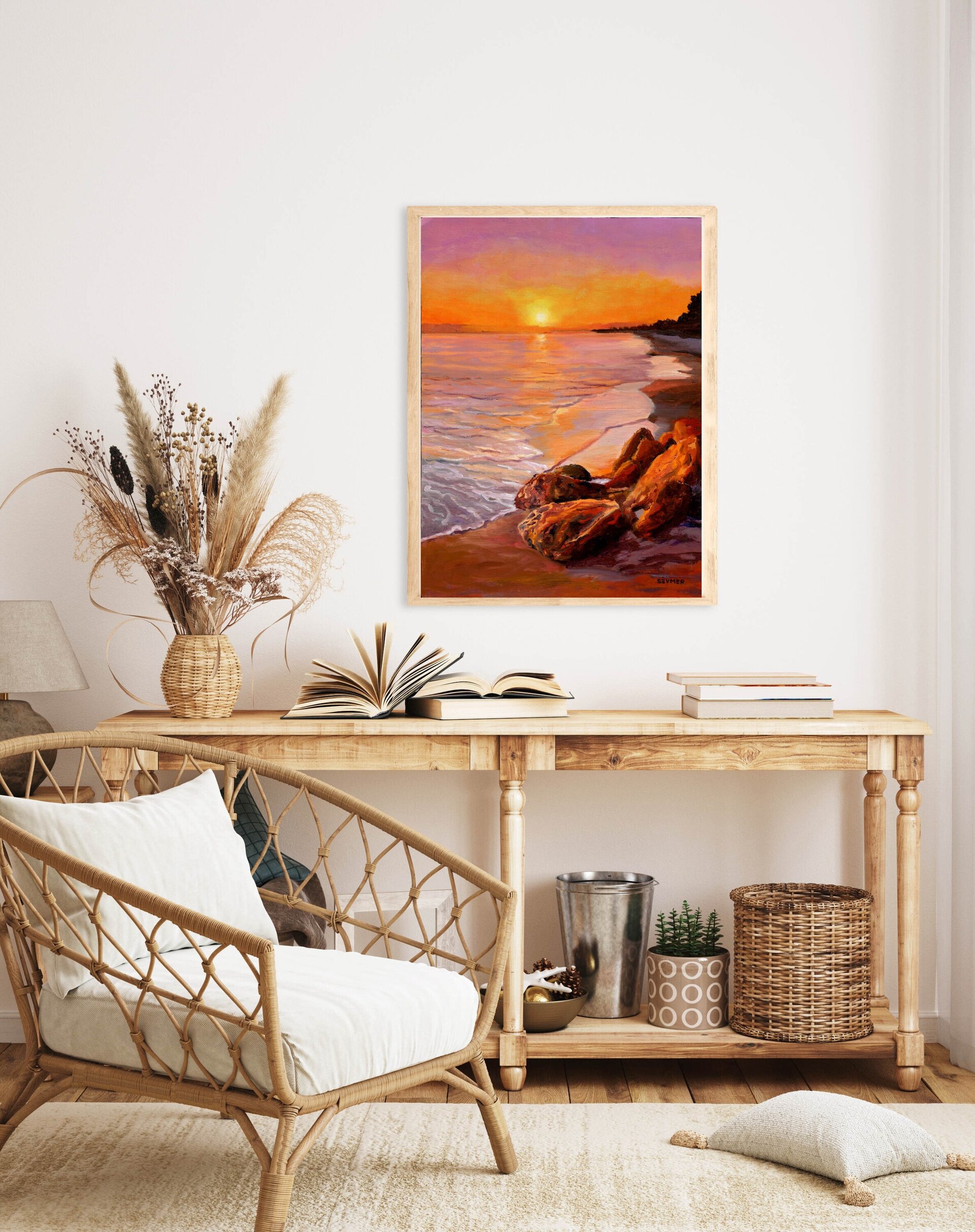 Óleo de atardecer en playa con sol anaranjado sobre horizonte y rocas en arena - 10