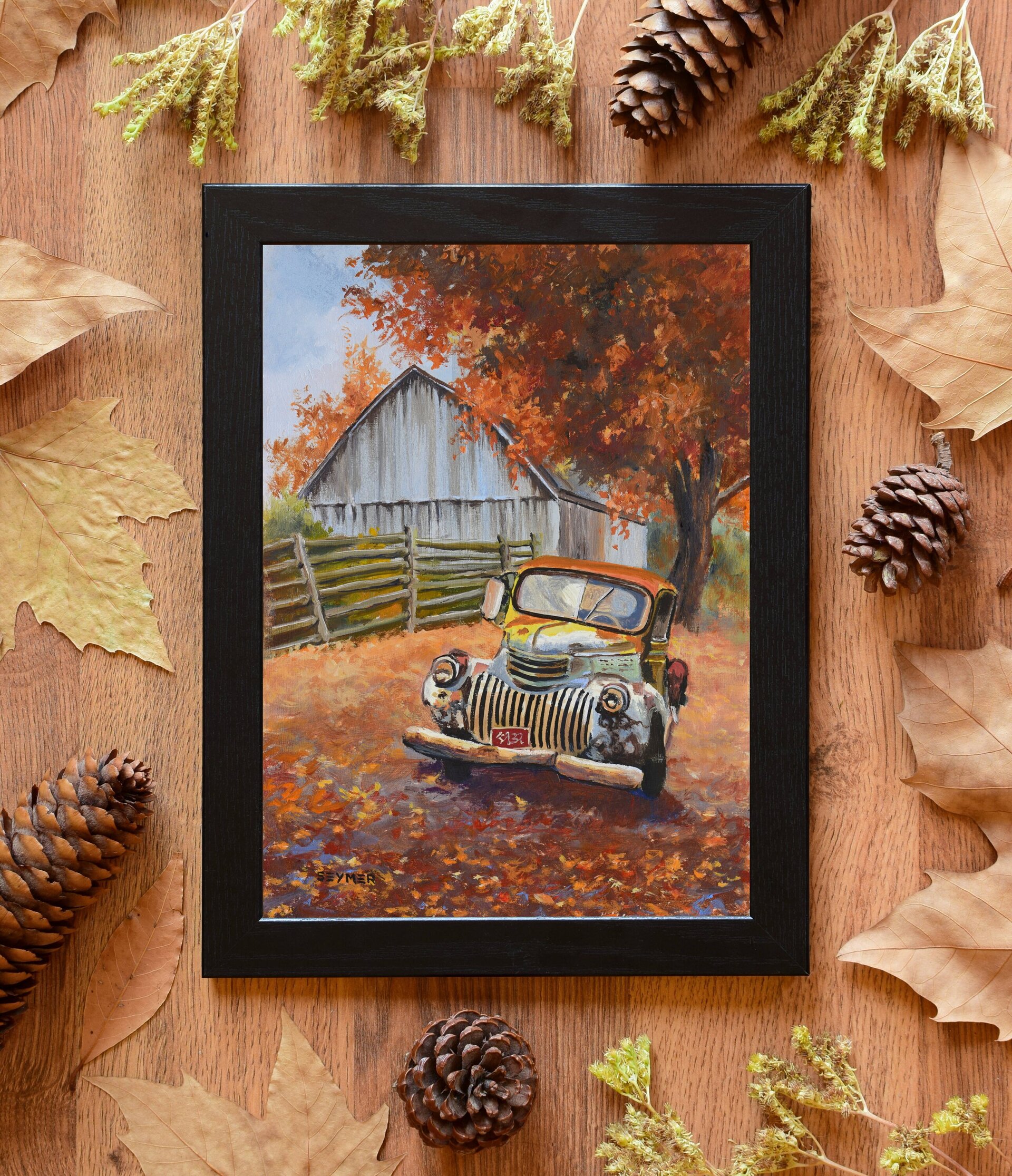 Óleo de Paisaje rural con viejo coche pickup y hojas de otoño en granero vintage - 2